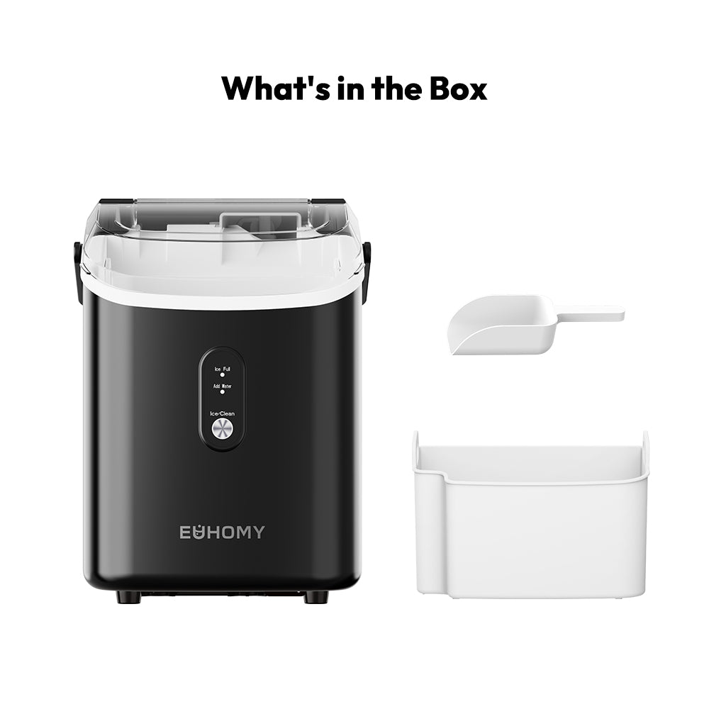 Euhomy Pearl H1 nugget ice maker with ice scoop and removable basket