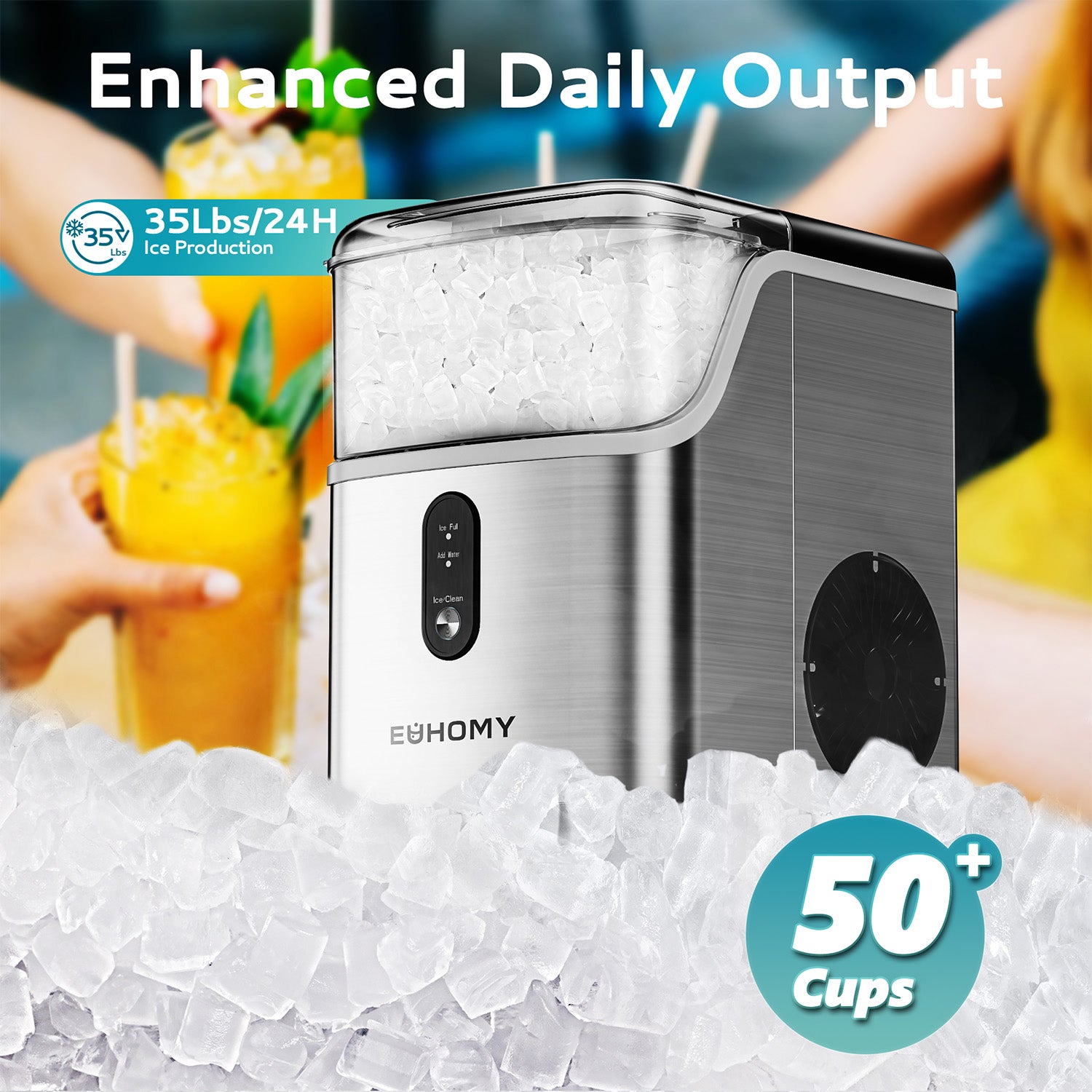 Euhomy Pearl L1 nugget ice maker in brushed stainless steel, surrounded by ice, producing 35lbs/24h for 50+ cups.