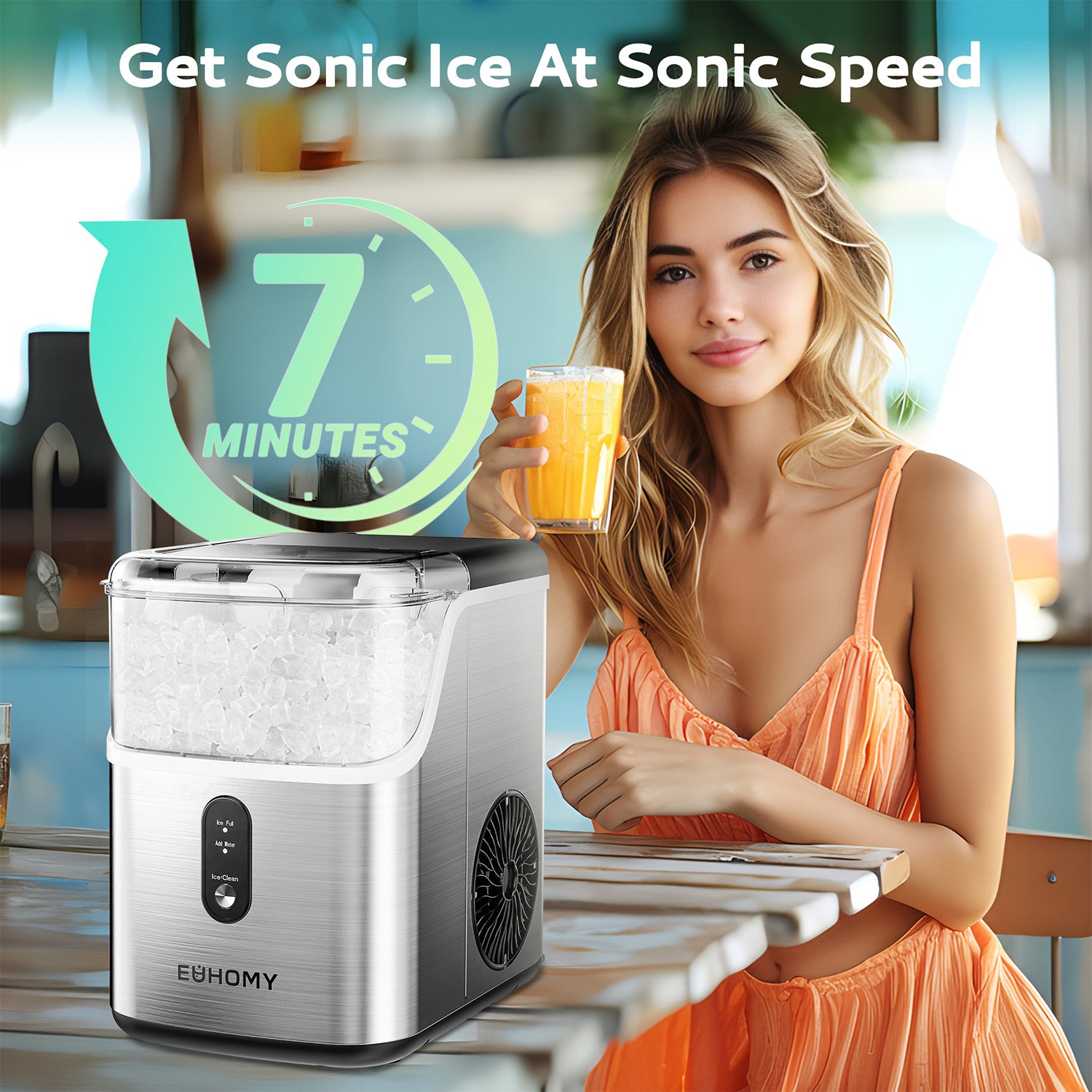 Euhomy Pearl L1 nugget ice maker with woman holding drink, highlighting 7-minute sonic ice production speed.