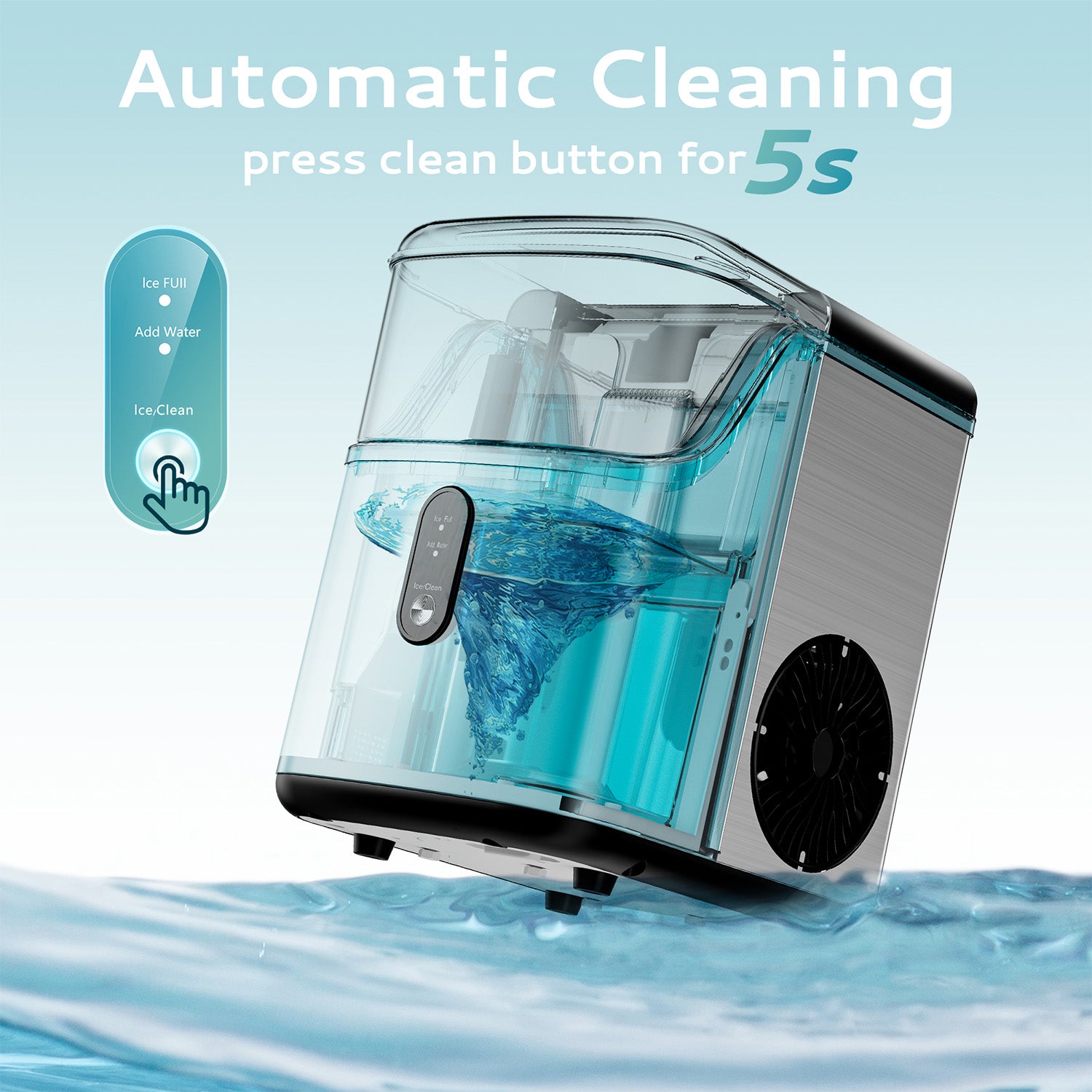Euhomy Pearl L1 nugget ice maker: automatic cleaning feature demonstrated with swirling water and button indicator.