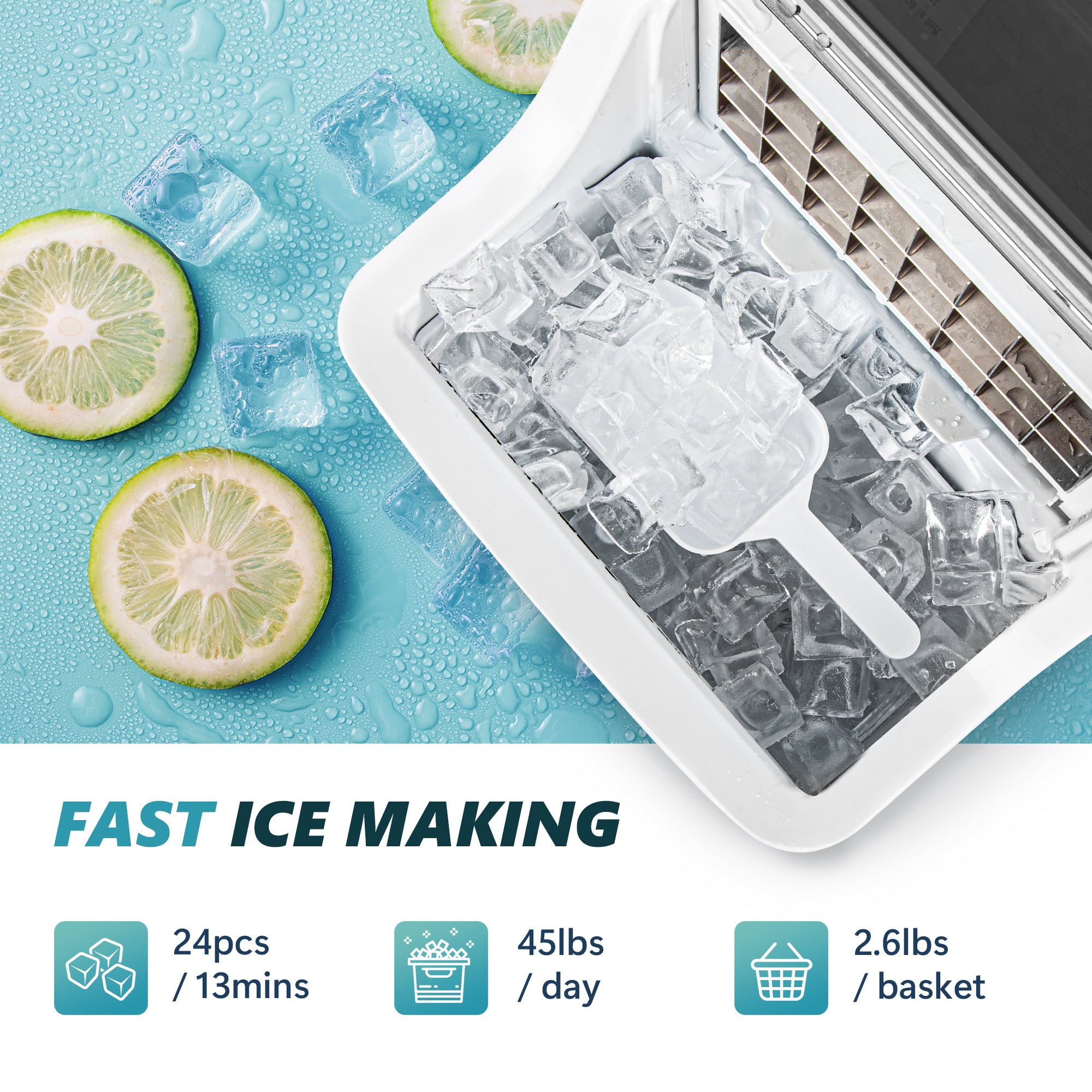 Euhomy Tile Plus ice cube maker, full basket of ice, scoop. Fast ice production: 24 cubes/13 min, 45lbs/day.