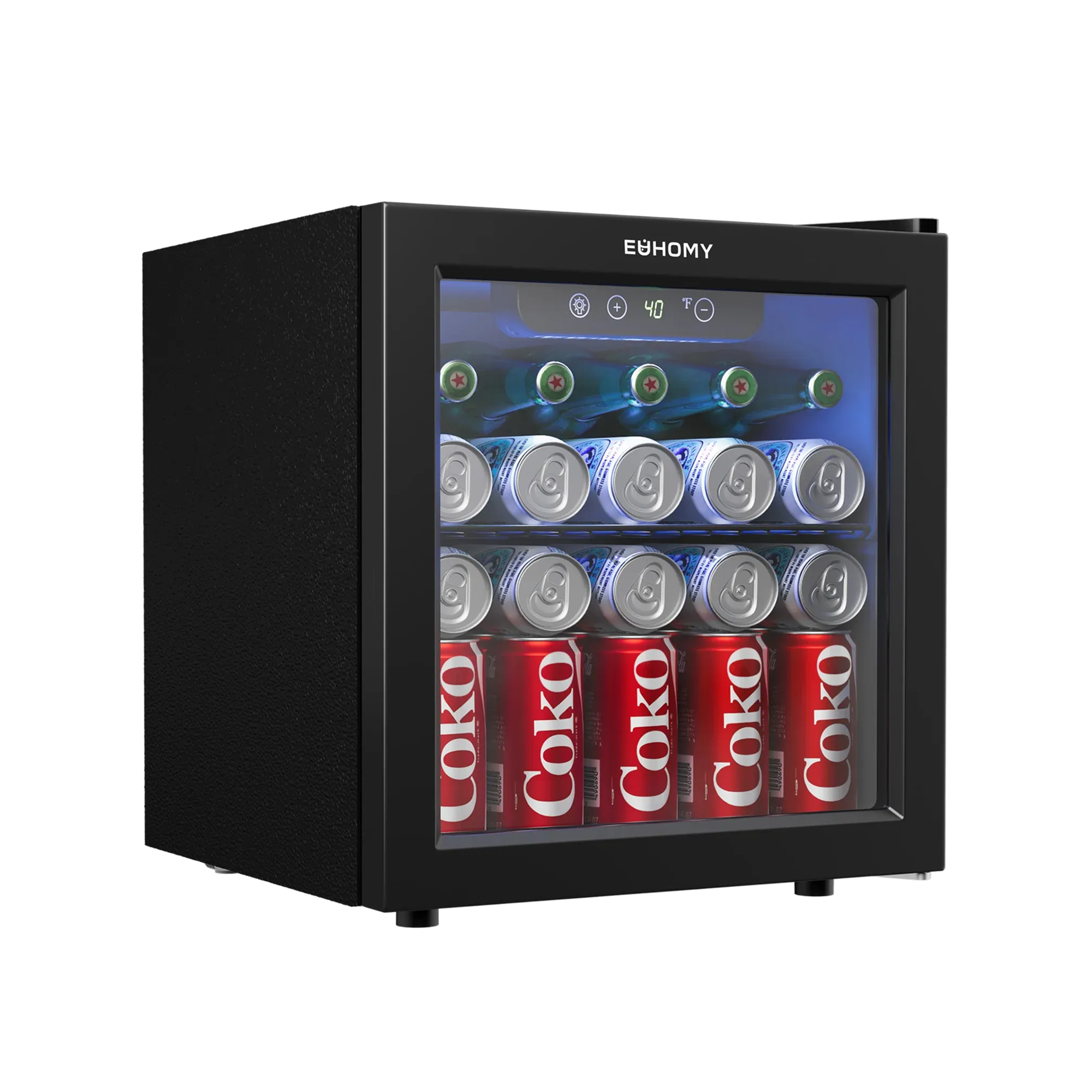 Euhomy Fizz 55 beverage cooler, black, glass door, holding red Coca-Cola cans and green bottles. Temp 40°F.
