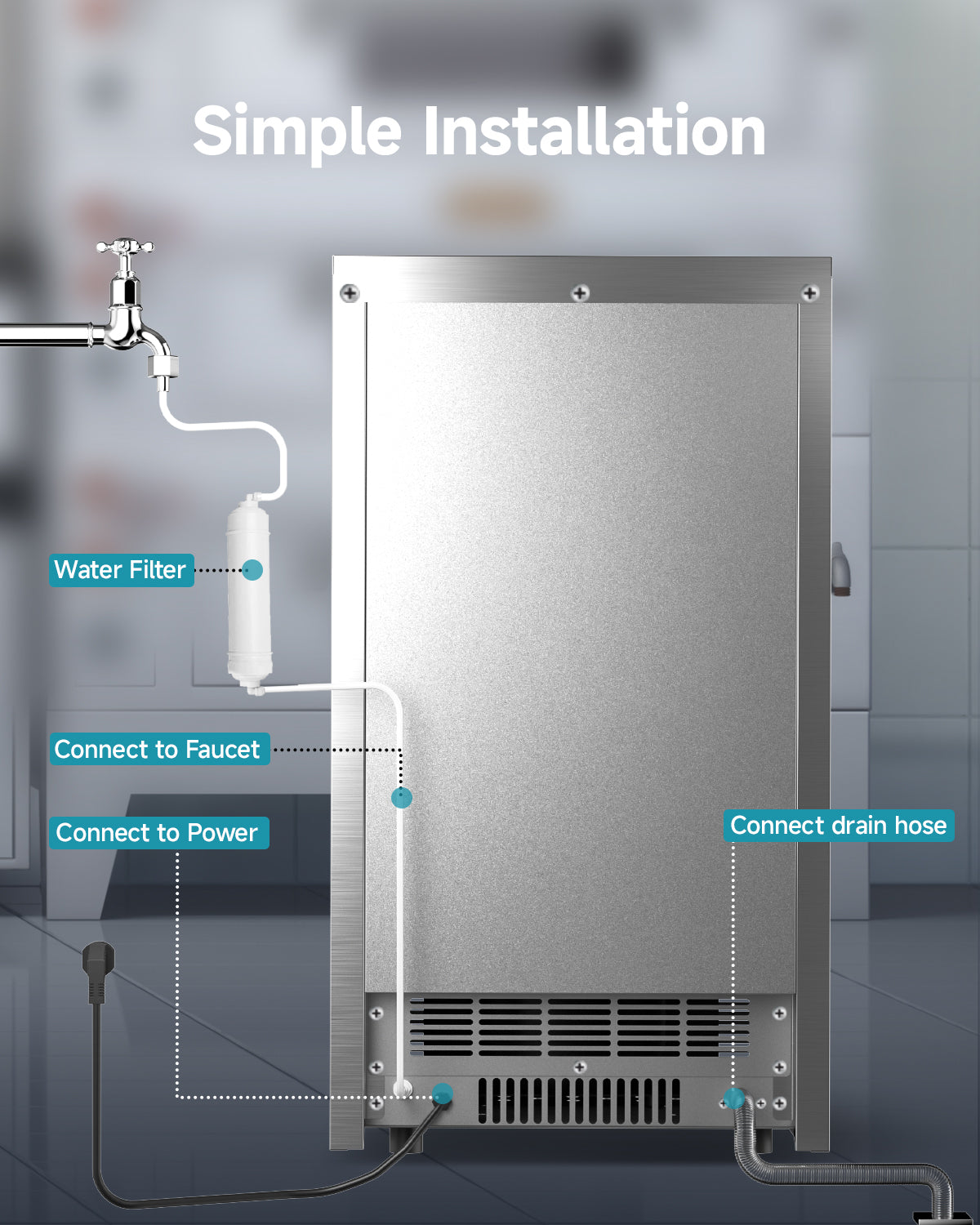 Euhomy stainless steel ice maker installation diagram: water filter, faucet, power, drain connections. For commercial use.