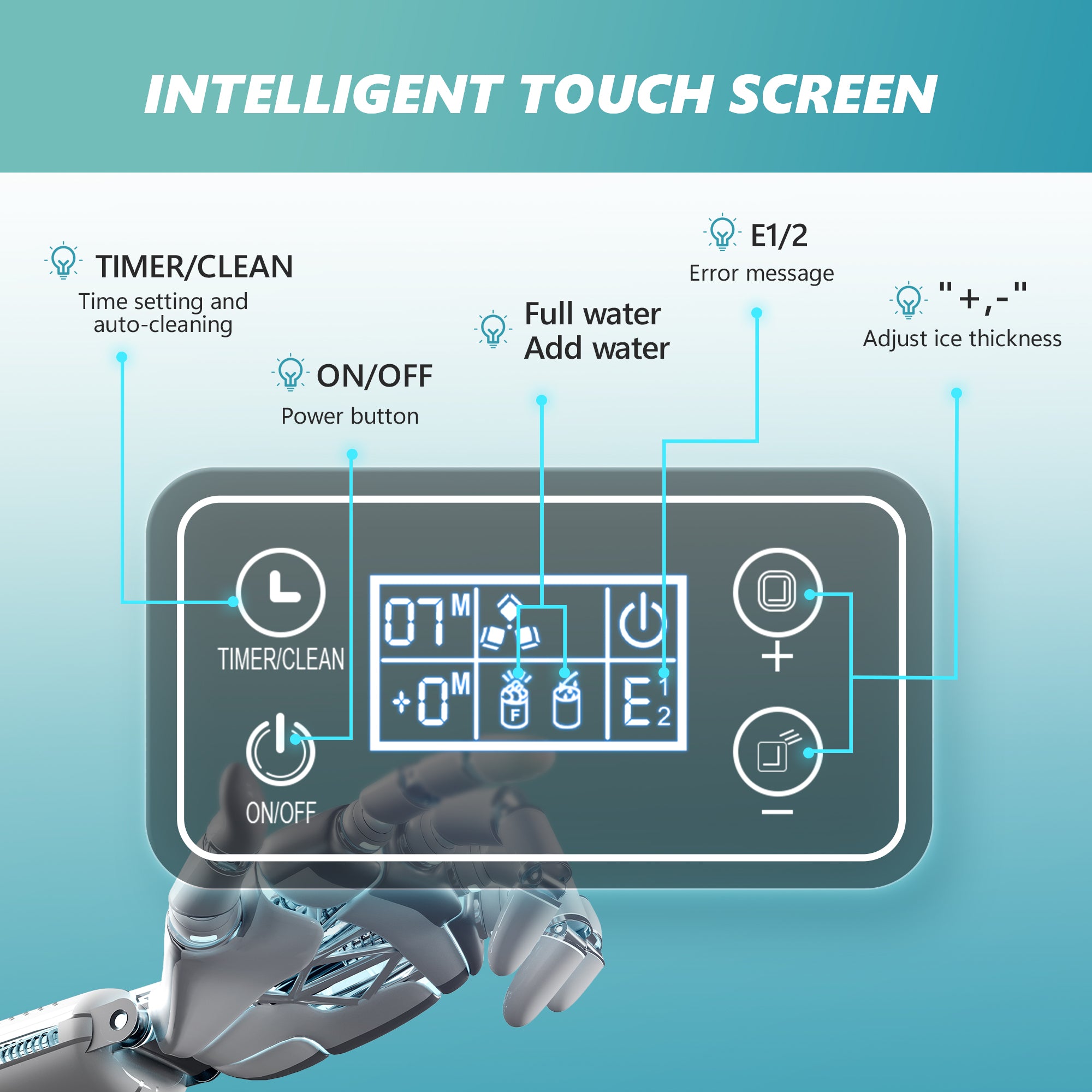 Euhomy Tile Plus ice maker touch screen showing controls for timer, cleaning, power, water, errors, and ice thickness.