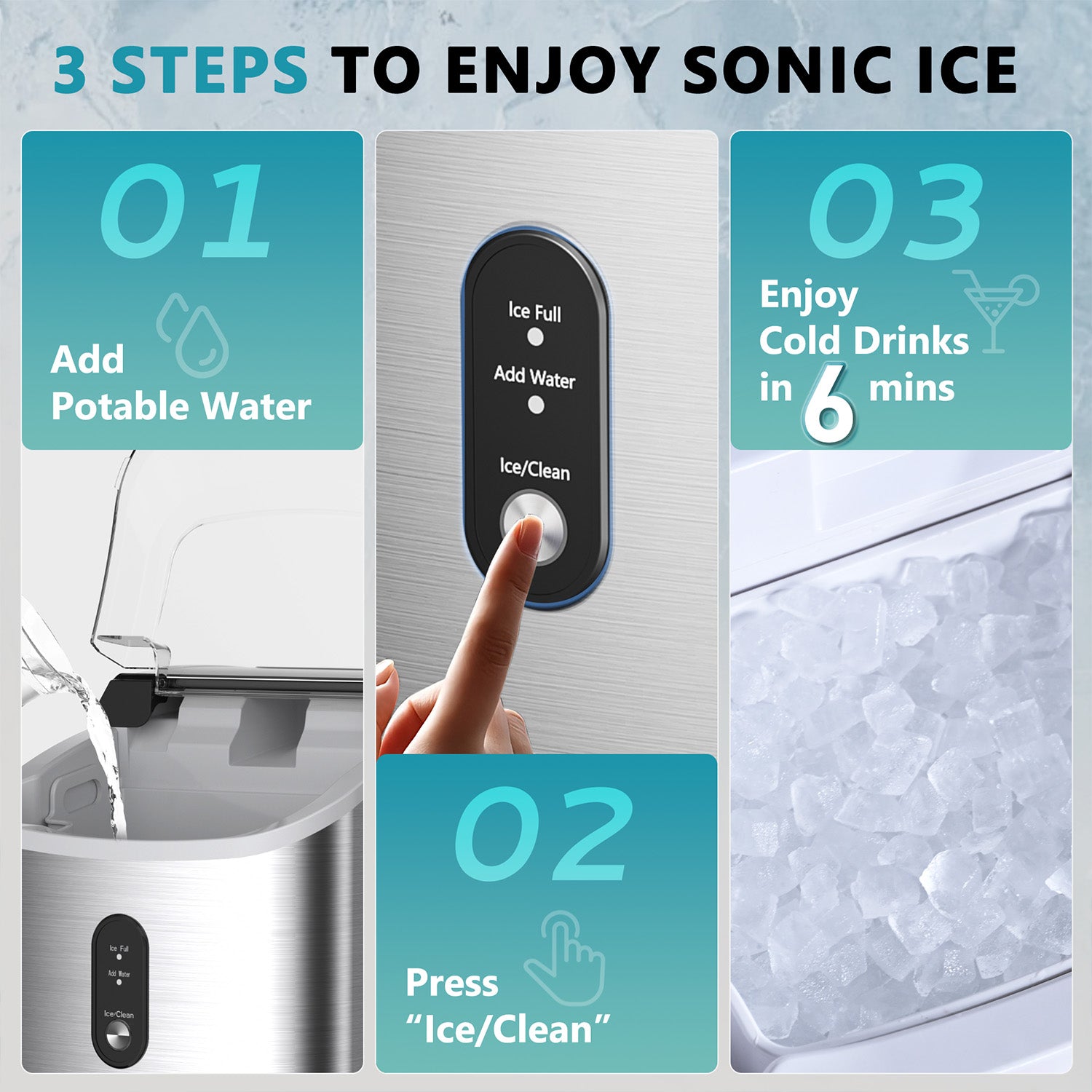 Euhomy nugget ice maker 3-step guide with add water, press Ice/Clean, enjoy cold drinks in 6 mins