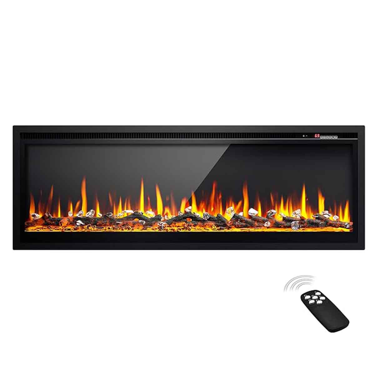 Black ultra-thin Euhomy electric fireplace with realistic flames and remote control