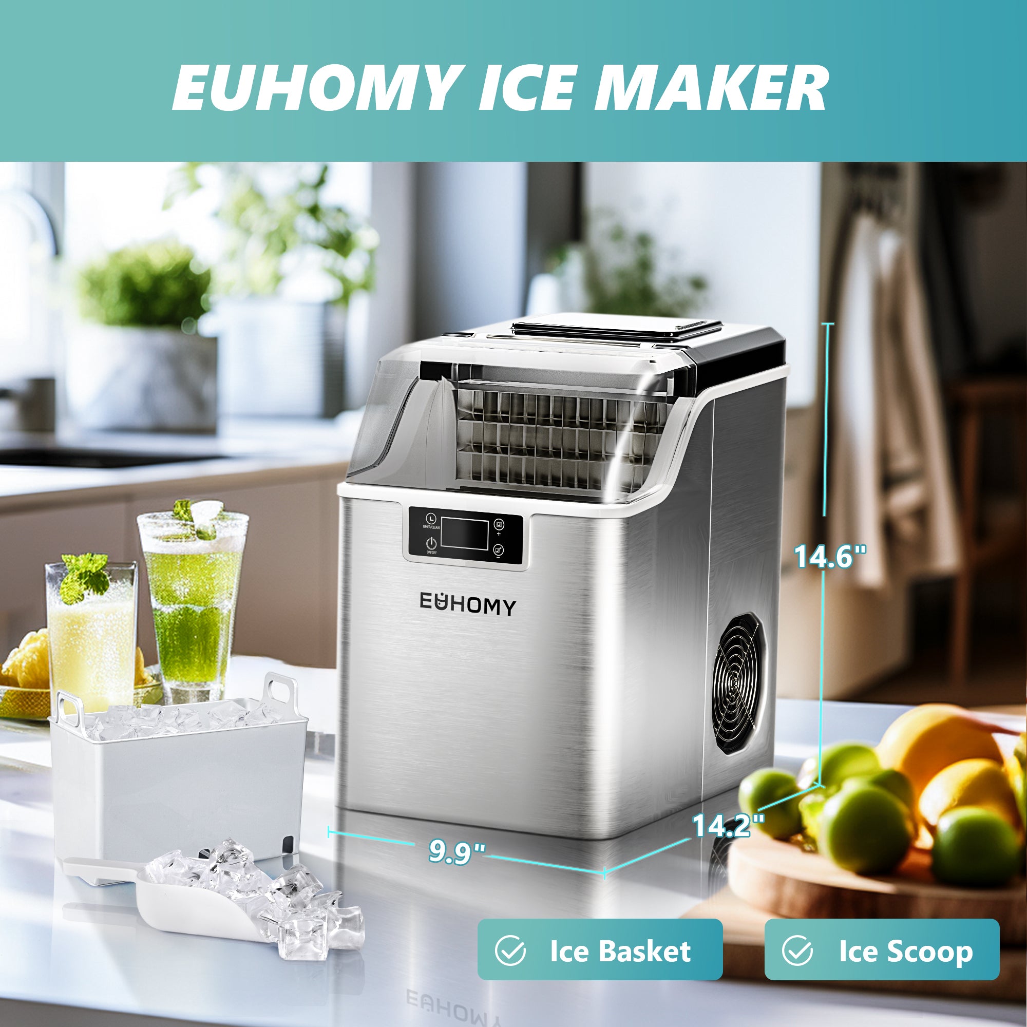 Euhomy Tile Plus stainless steel ice maker on kitchen counter with dimensions, ice basket, and scoop. Product page.