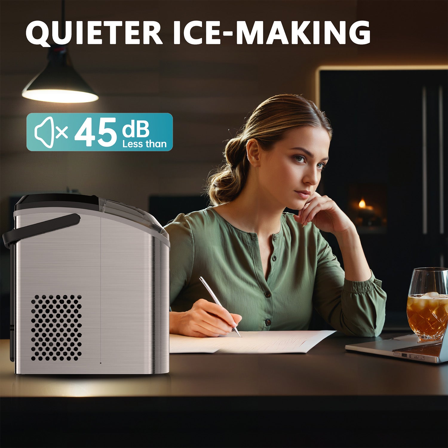 Euhomy Pearl H1 nugget ice maker in stainless steel, quieter ice-making under 45 dB