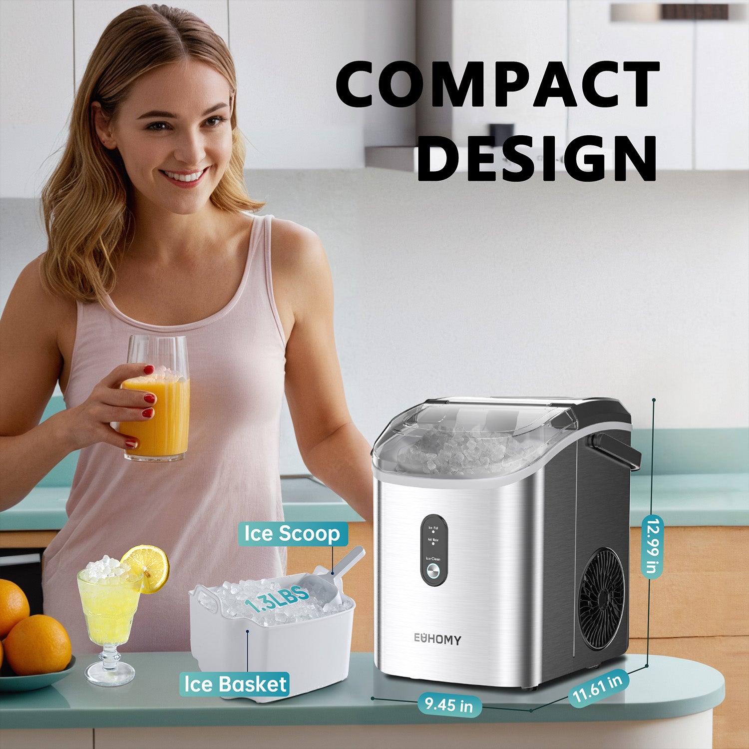 Euhomy Pearl H1 nugget ice maker, silver & black, compact design with dimensions. Shows 1.3 lbs ice in basket.