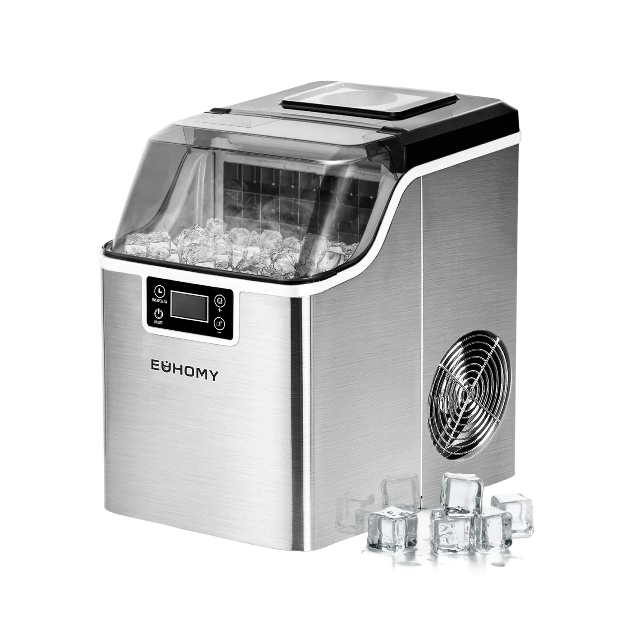 Euhomy Tile Plus stainless steel ice maker with clear lid, full ice bin, digital display. Product page.