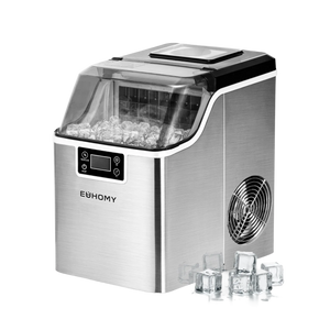 Euhomy stainless steel countertop ice maker with clear lid, control panel, and ice cubes