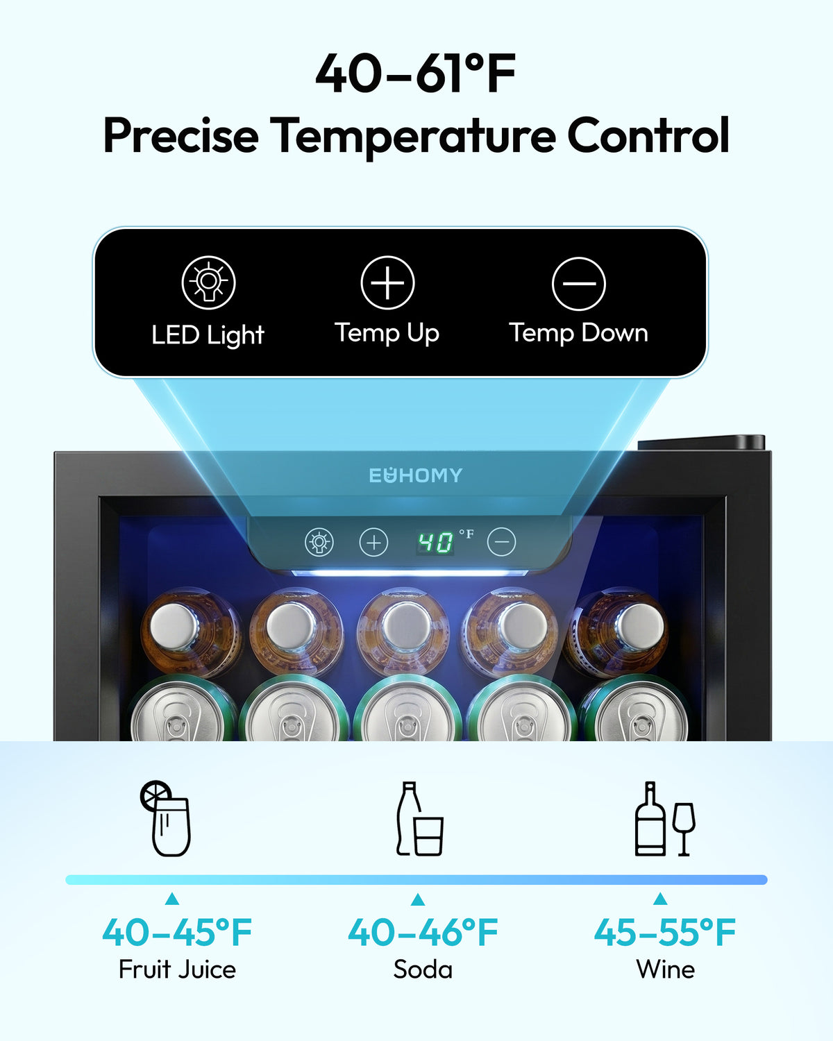 Euhomy Fizz 55 beverage refrigerator with precise 40–61°F temperature control and LED light