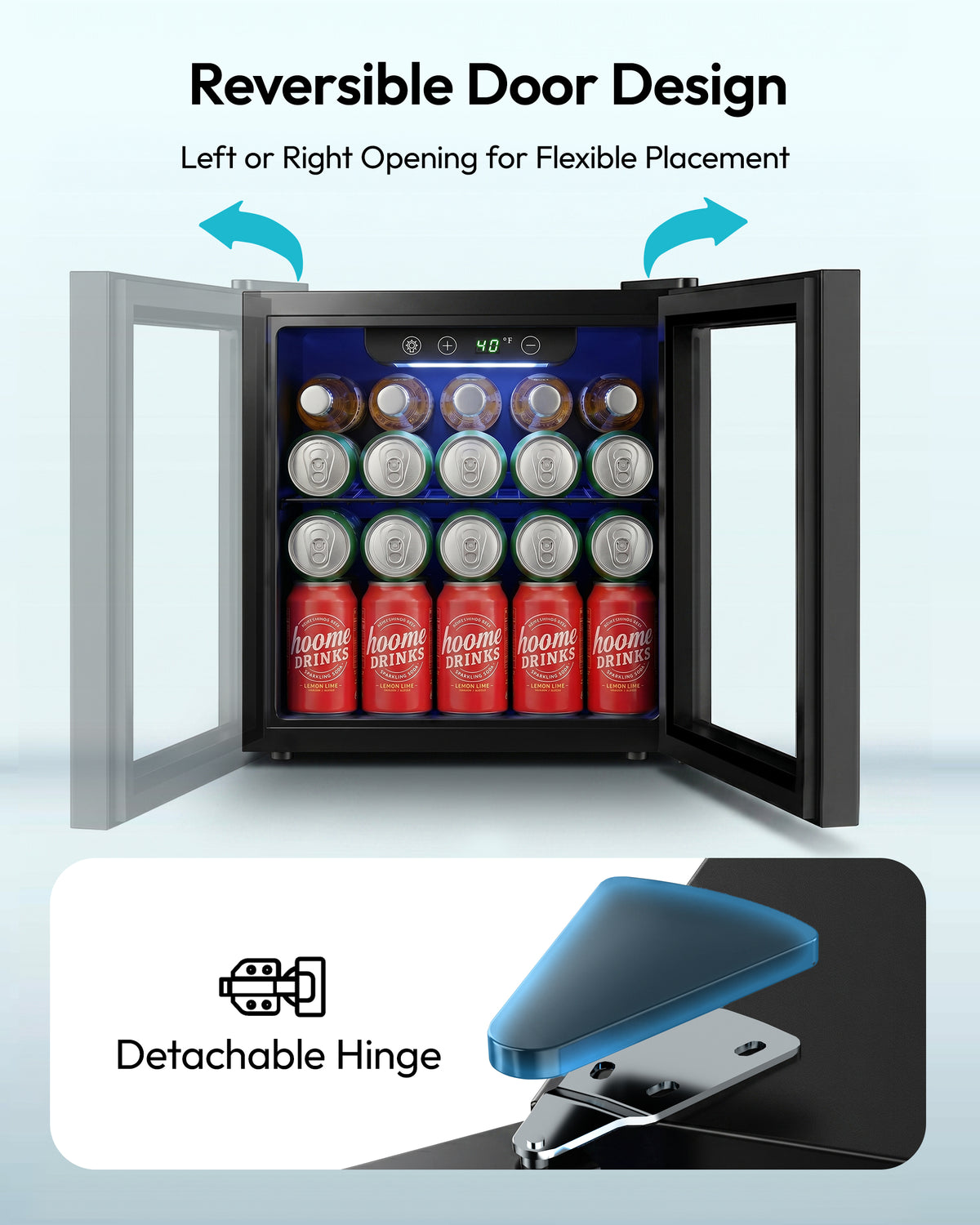 Euhomy Fizz 55 beverage refrigerator with reversible door and detachable hinge, black finish