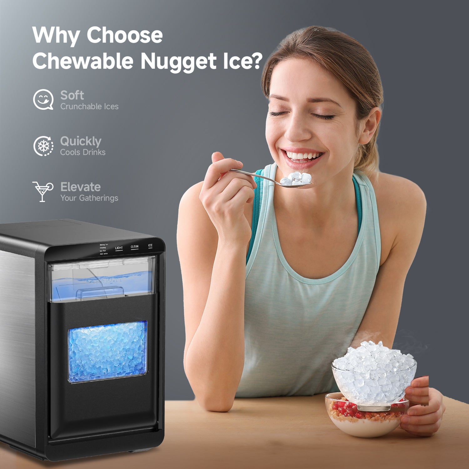 Euhomy nugget ice maker with woman eating chewable ice, soft crunchy ice
