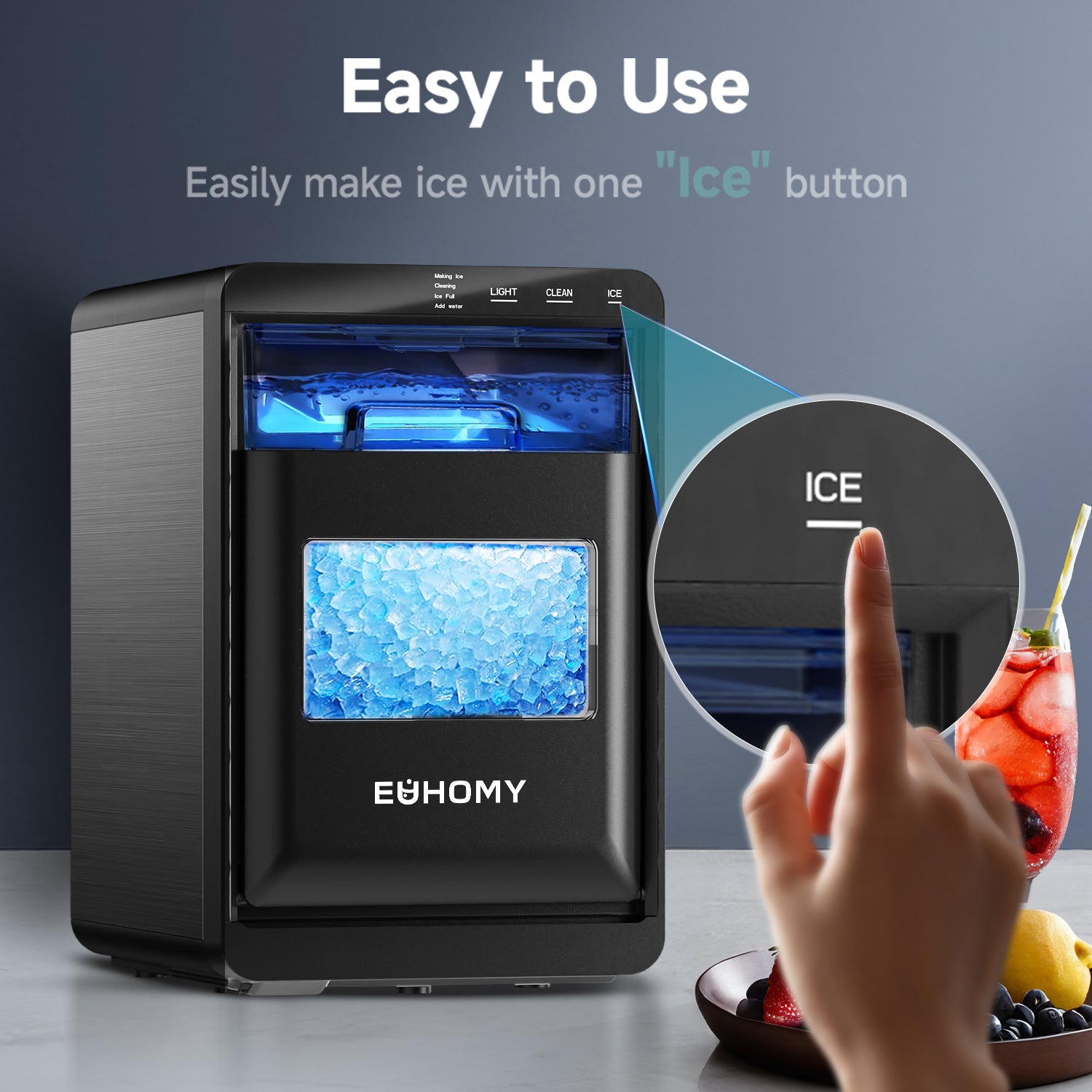 Euhomy Pearl L1 Plus nugget ice maker with one-touch ICE button and blue-lit ice bin