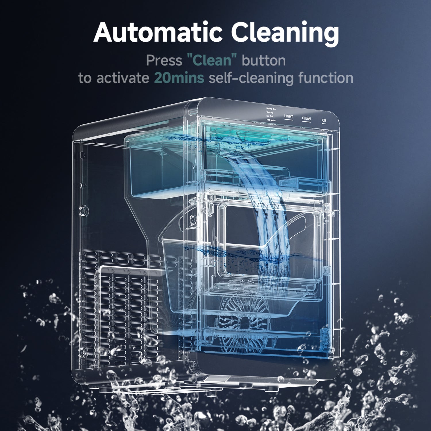 Euhomy nugget ice maker automatic cleaning function with Clean button and 20-minute cycle