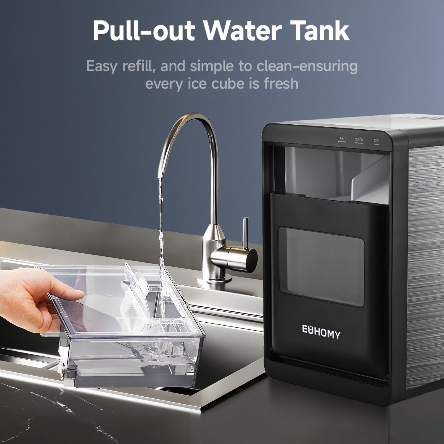 Euhomy Pearl L1 Plus nugget ice maker with pull-out water tank and refillable countertop design