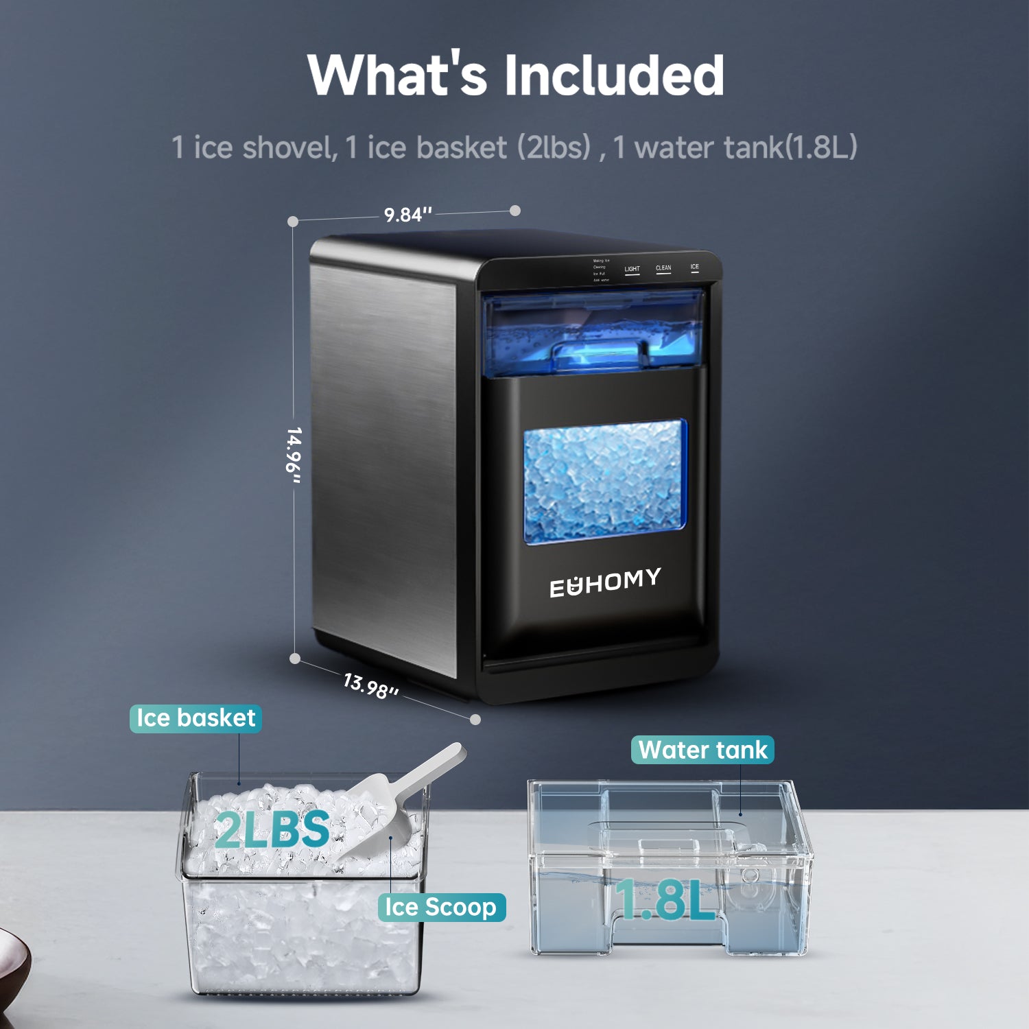 Euhomy Pearl L1 Plus nugget ice maker with 2lb basket, ice scoop and 1.8L water tank