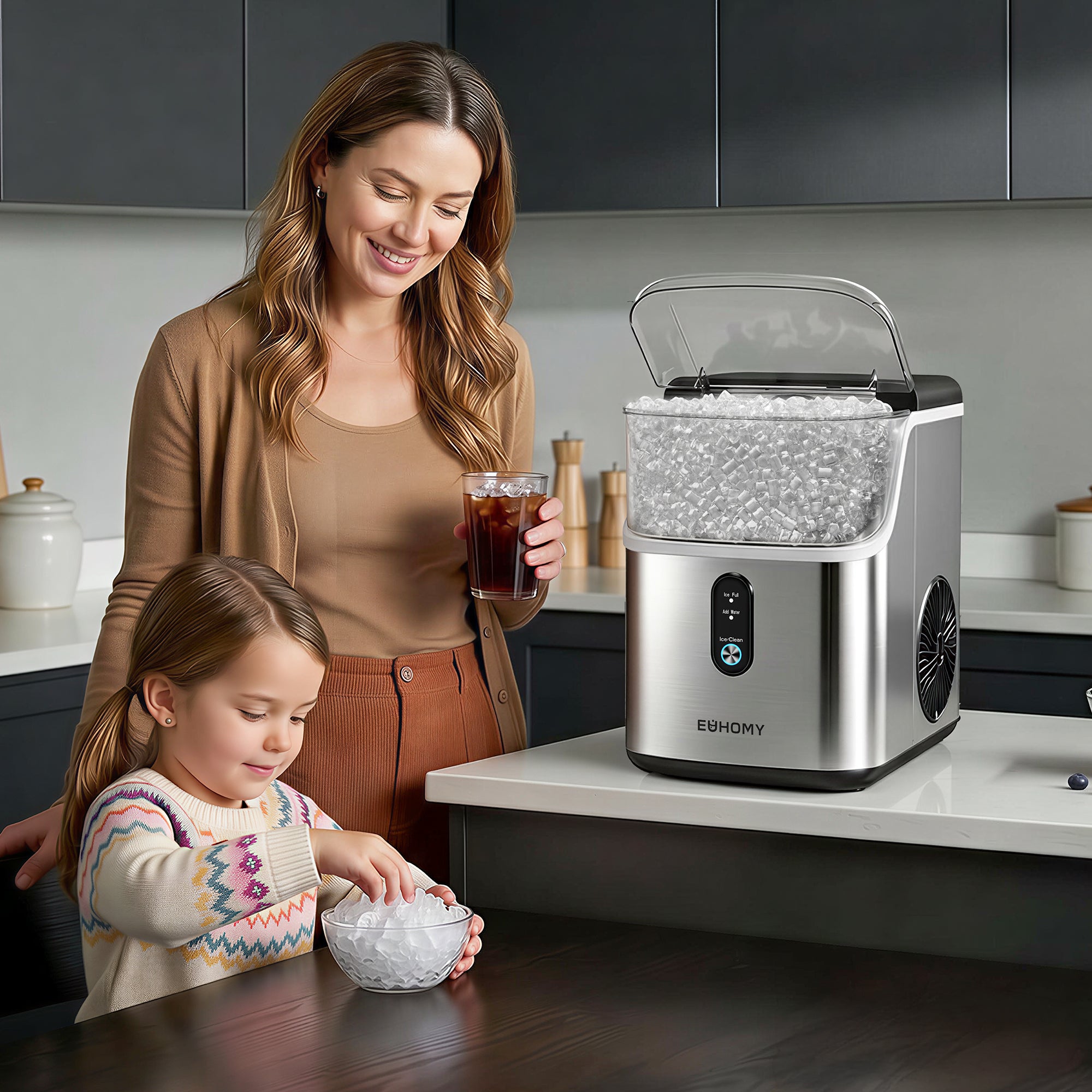 Euhomy Pearl L1 nugget ice maker on a kitchen counter with clear lid open
