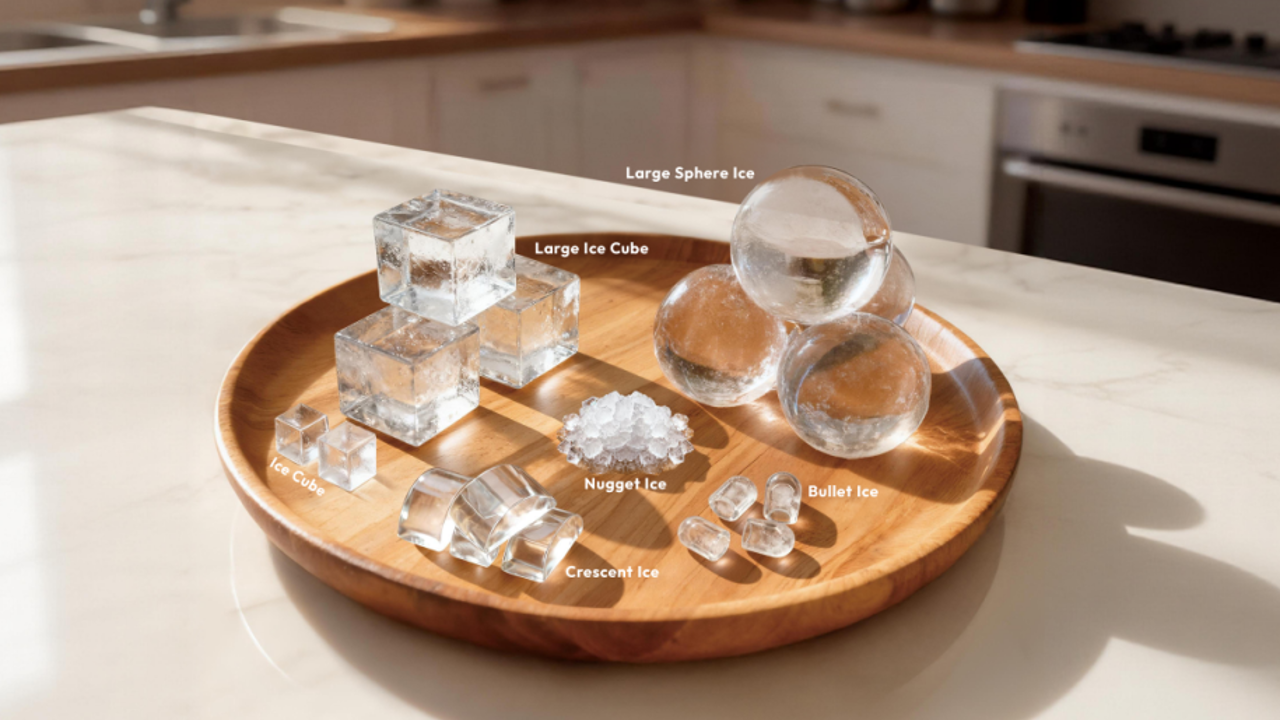 A wooden tray displays various types of clear ice shapes produced by a versatile ice maker.