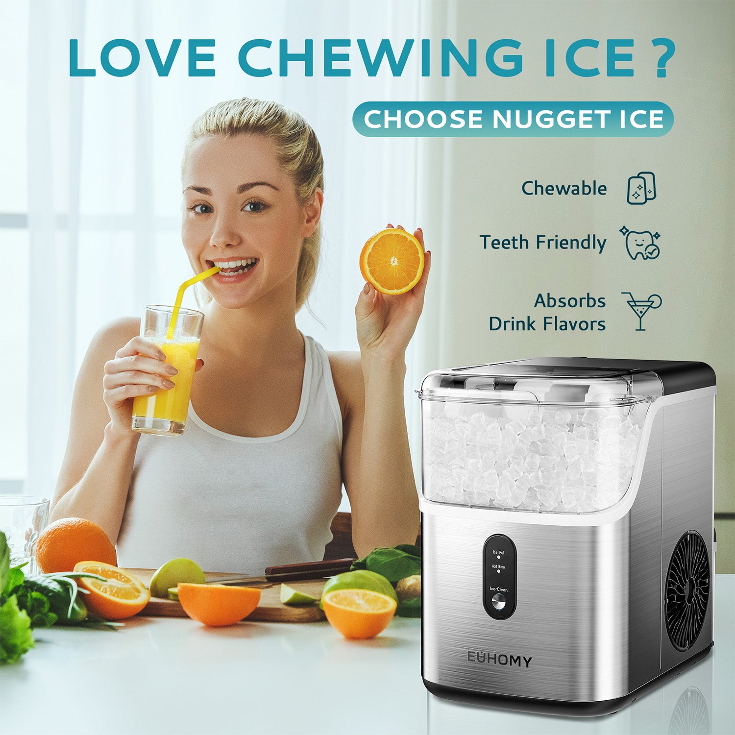 Euhomy Pearl L1 countertop nugget ice maker in stainless steel, with a woman enjoying chewable ice.