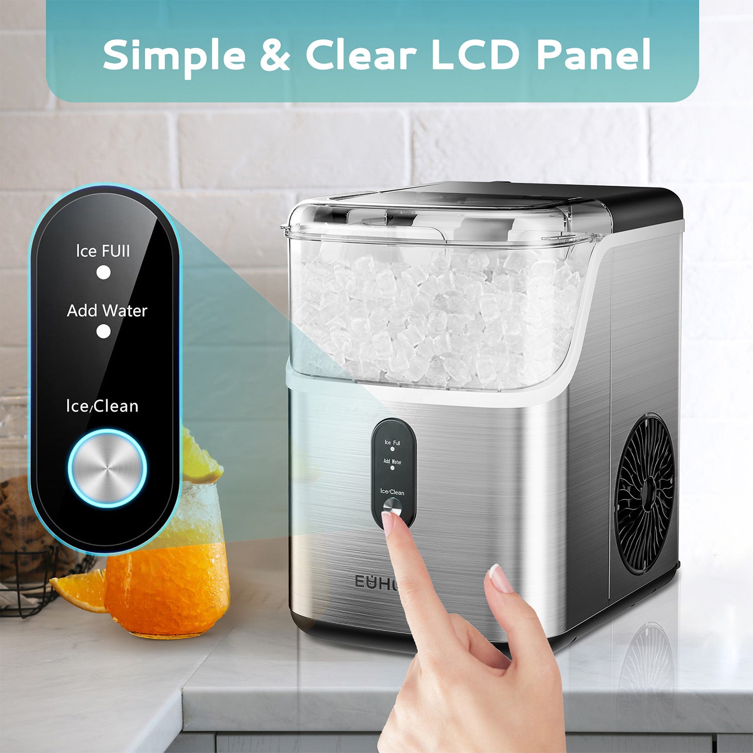 Euhomy Pearl L1 nugget ice maker: brushed stainless steel with clear LCD panel, hand pressing 'Ice/Clean' button.