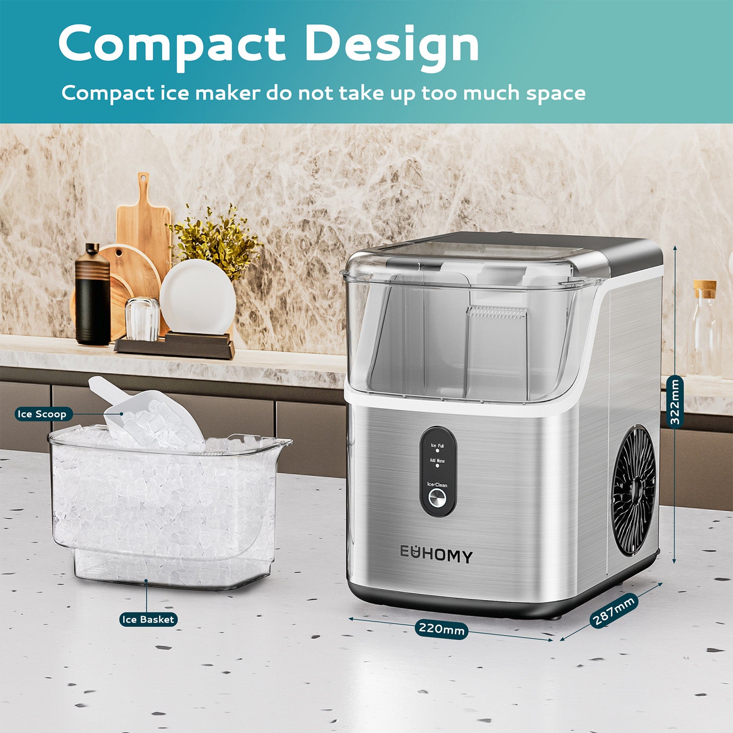 Euhomy Pearl L1 nugget ice maker on countertop, showing compact dimensions 220x287x322mm, with ice basket and scoop.