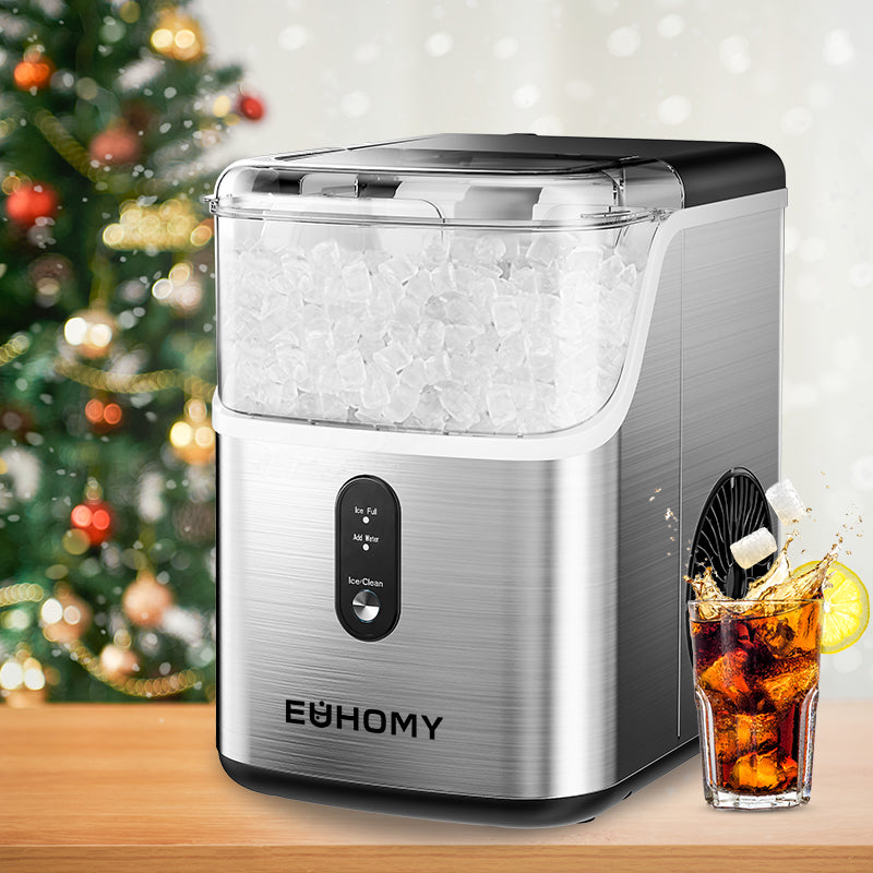 Euhomy Pearl L1 nugget countertop ice maker, stainless steel, with a glass of cola and lemon.