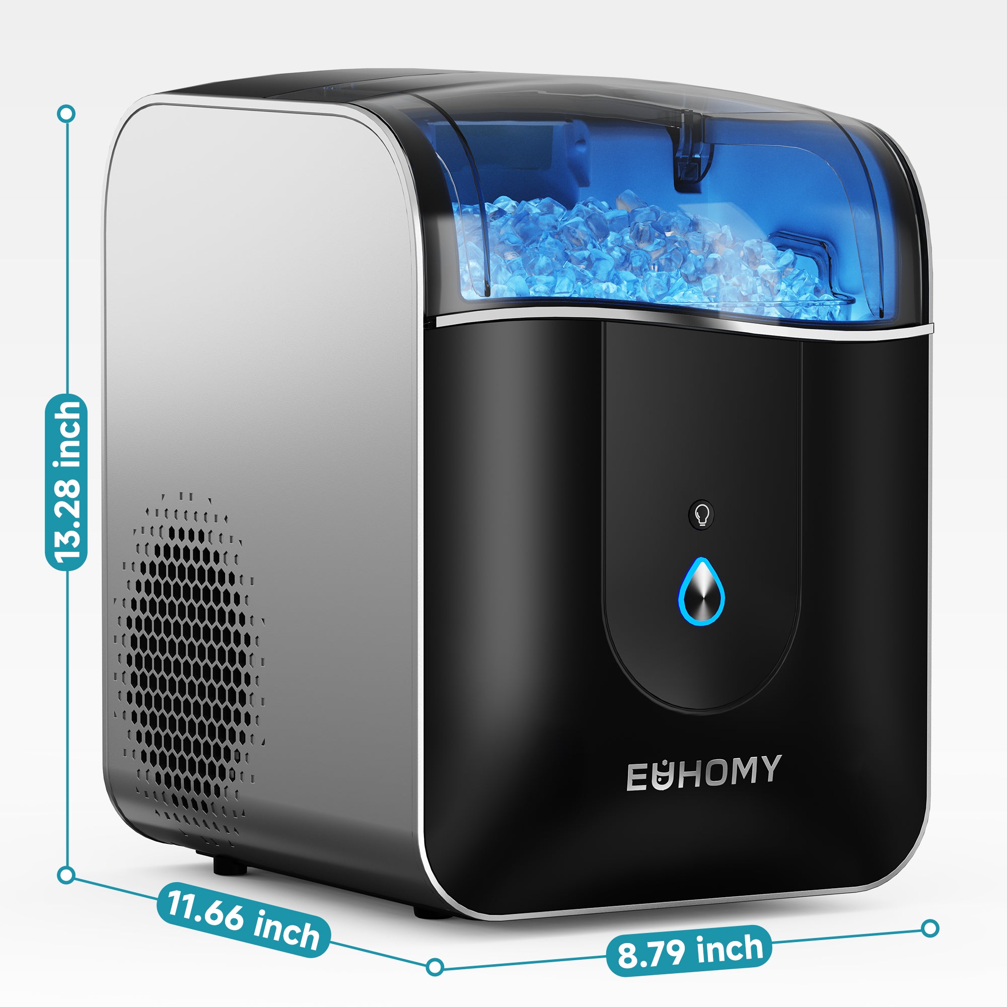 Euhomy Pearl L1 Pro nugget ice maker with transparent ice bin and compact black design