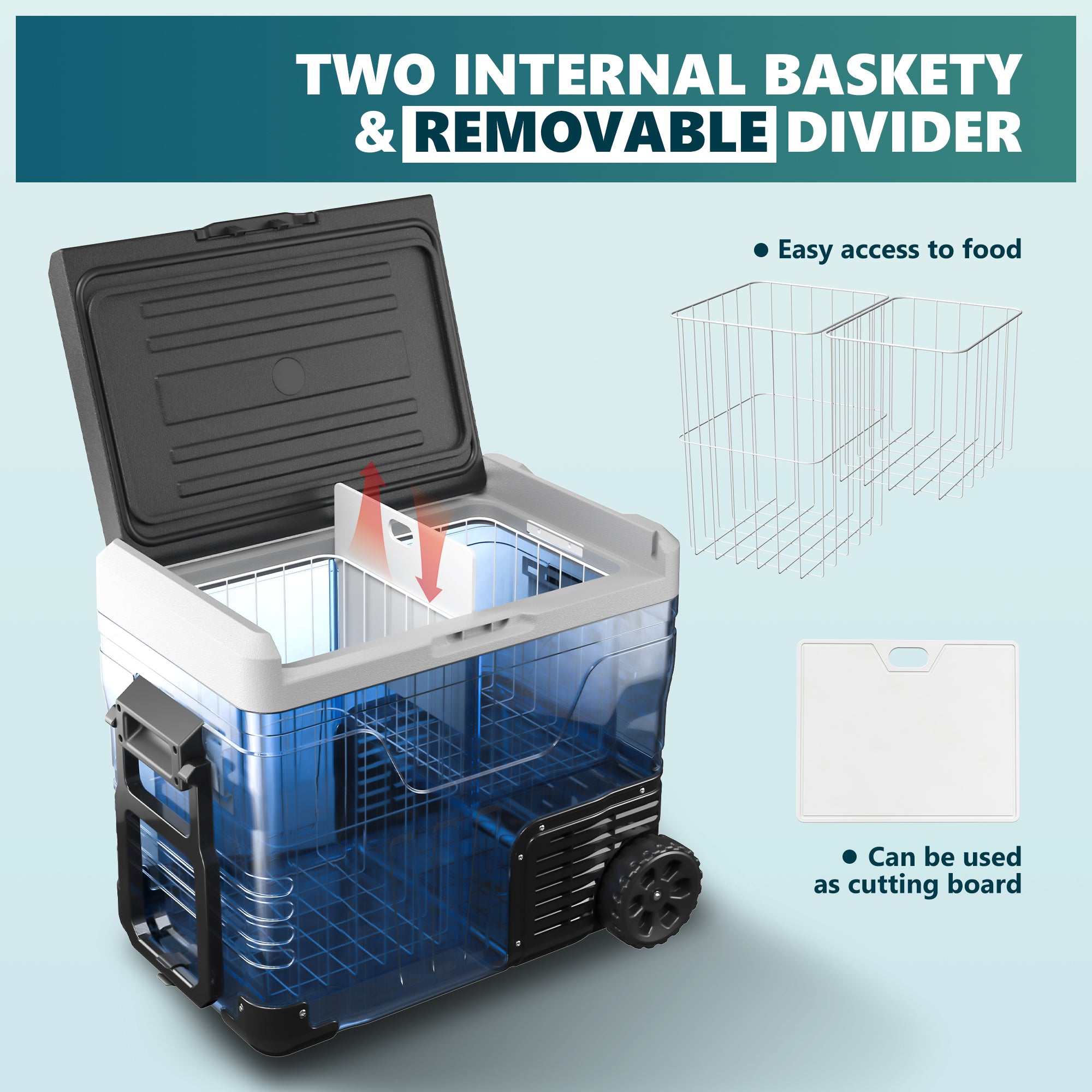 Euhomy Rover W2 car refrigerator interior with two wire baskets and a cutting board accessory shown.