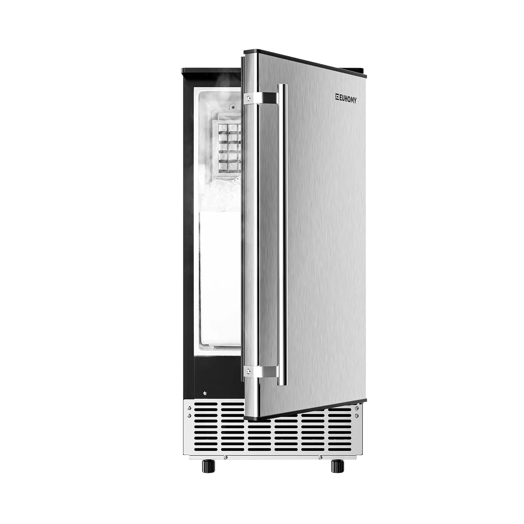 Euhomy Lucid S2 commercial ice maker with stainless steel door open, revealing ice bin.