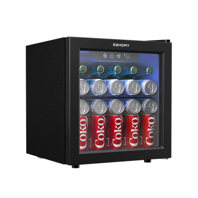 Euhomy Fizz 55 beverage refrigerator with glass door, blue LED light, and stocked drink cans