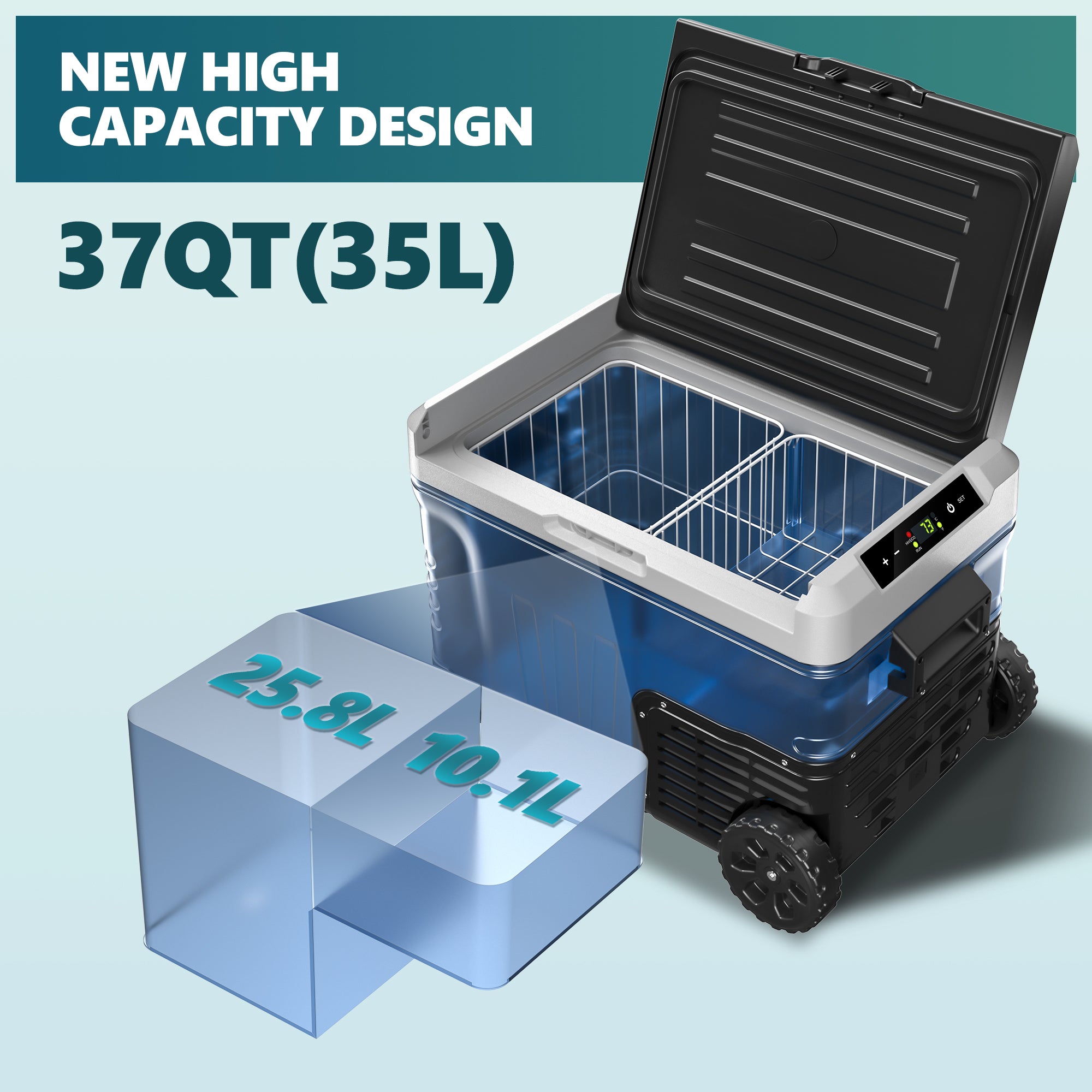 Euhomy 53 Quart 12V portable car refrigerator, black, open with dual compartments, digital display, and wheels.