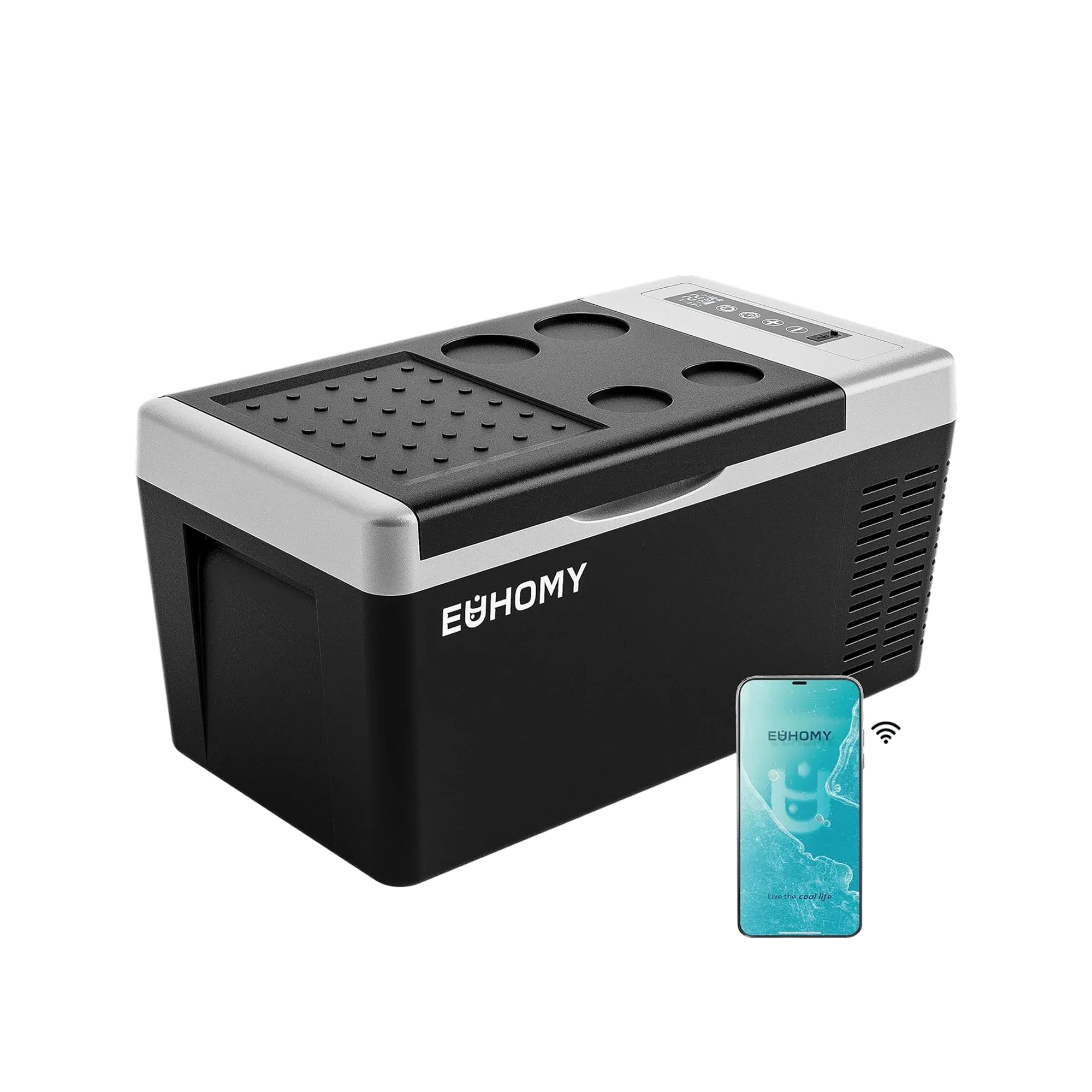 Euhomy 19QT black and silver portable car fridge with app control and built-in cup holders for travel convenience.