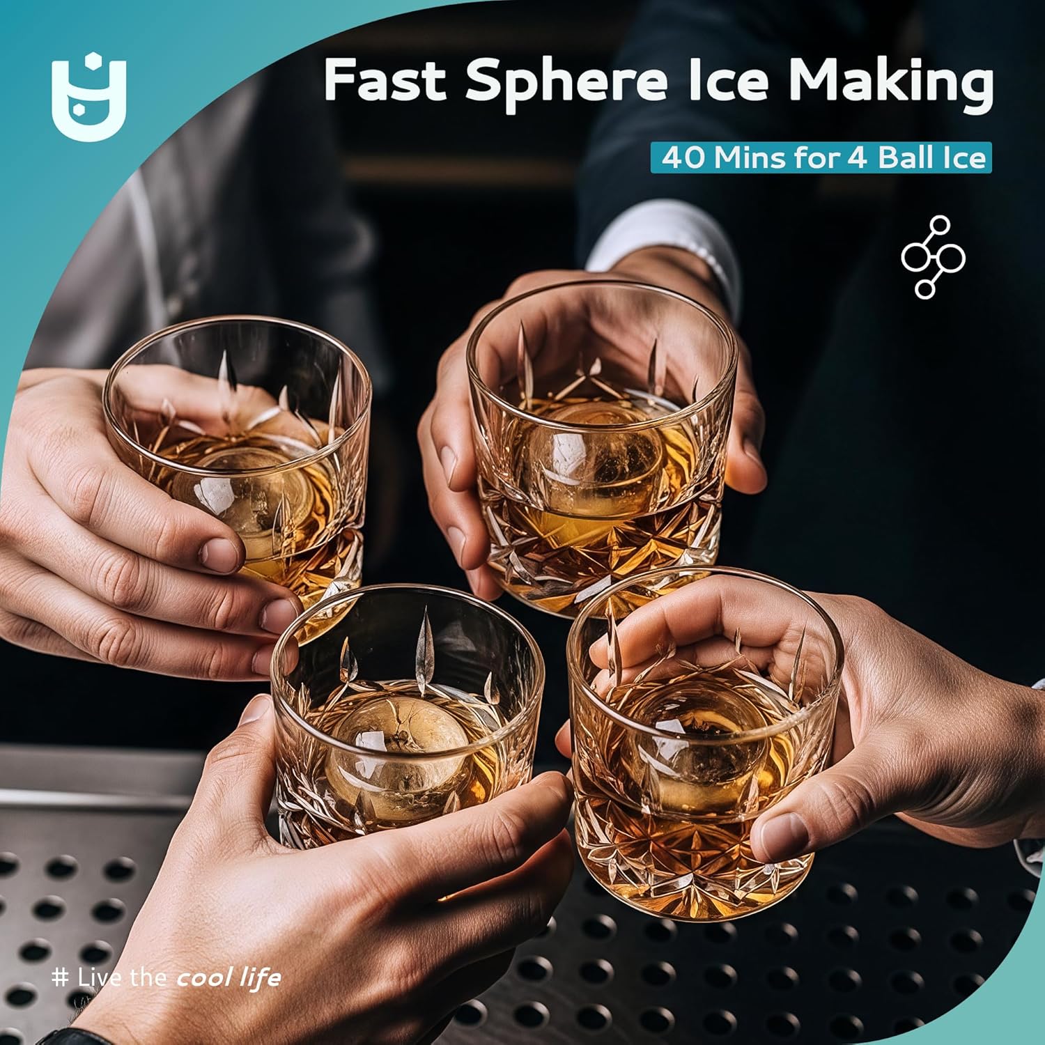 Euhomy Rock SE Sphere Ice Maker: four hands holding glasses with clear ice spheres, perfect for whiskey.