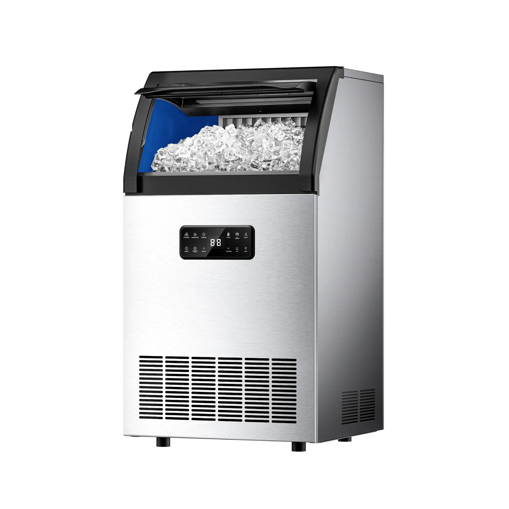 Euhomy freestanding commercial stainless steel ice maker with full bin, touchscreen, water filter, and scoop.