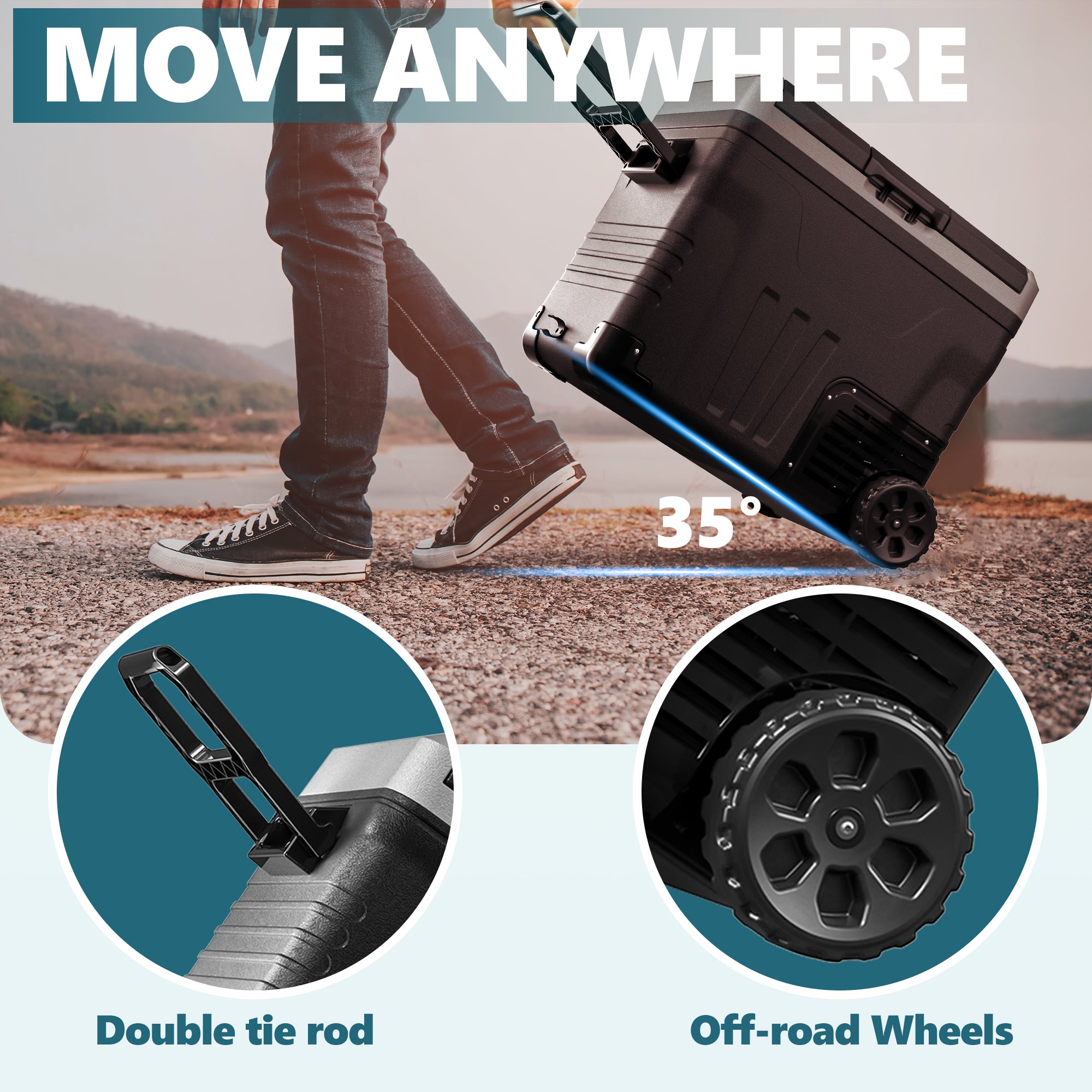 Euhomy Rover W2 car refrigerator with dual tie rod handle and off-road wheels, showcasing its portable design.