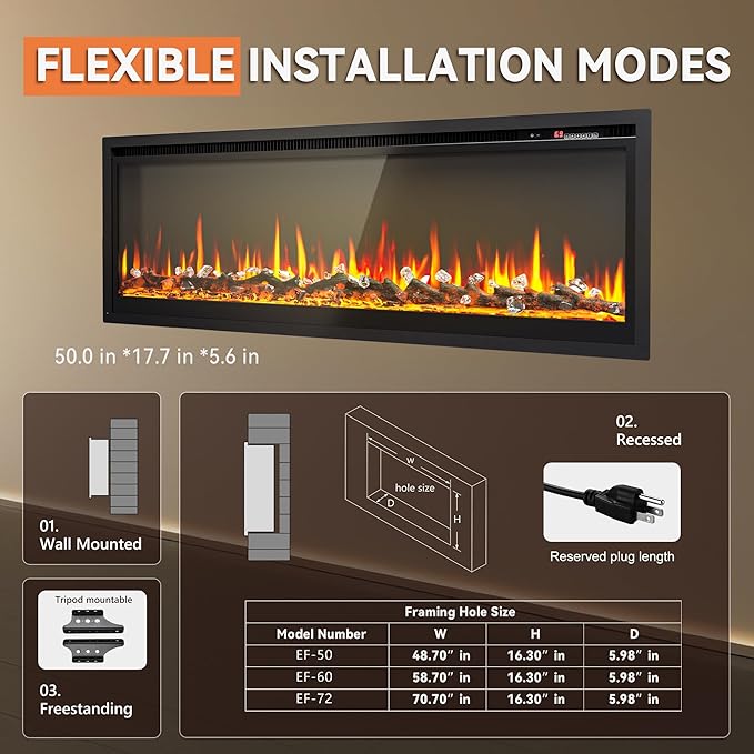 Euhomy ultra-thin electric fireplace with flexible installation modes, wall mounted, recessed, or freestanding