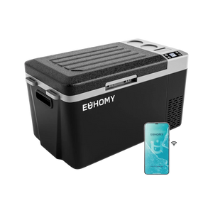 Euhomy Atlas SE portable car refrigerator with app control, black and gray