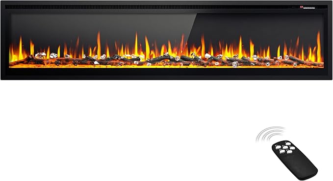 EUHOMY ultra-thin black electric fireplace insert with realistic flame, logs and remote