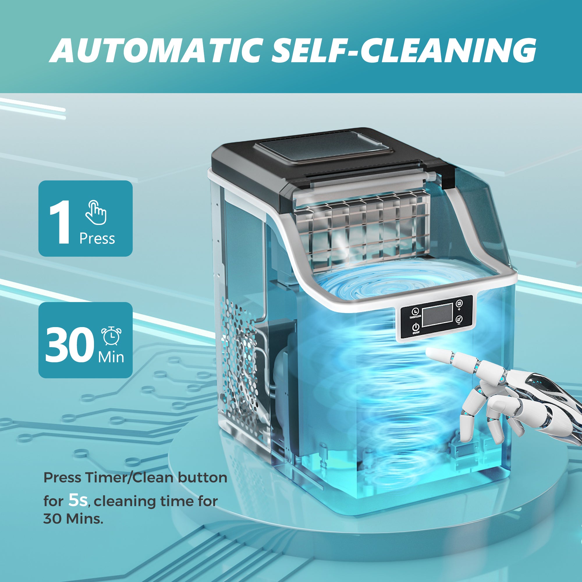 Euhomy Tile Plus countertop ice maker showing robotic hand activating 30-minute automatic self-cleaning cycle.