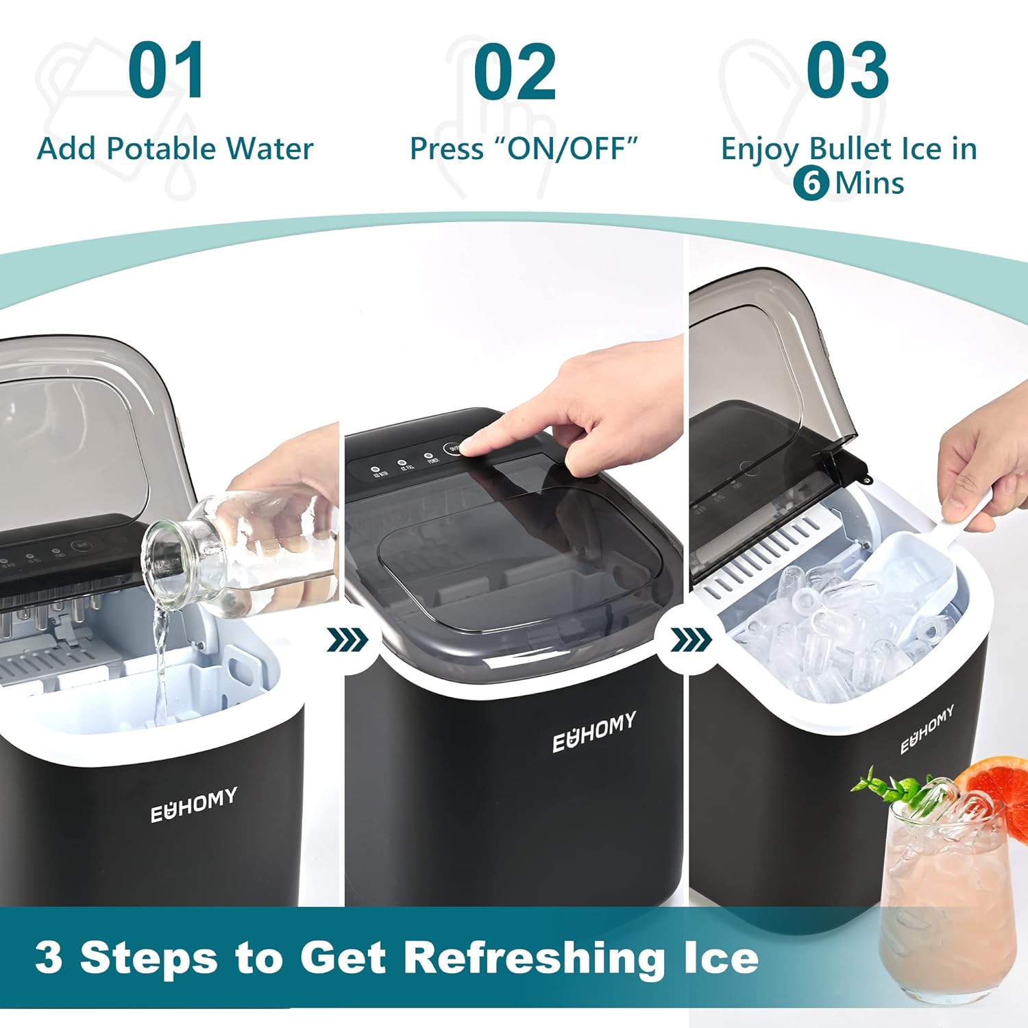 Euhomy Dart H1 ice maker: 3 steps to add water, press ON/OFF, and enjoy bullet ice in 6 mins.