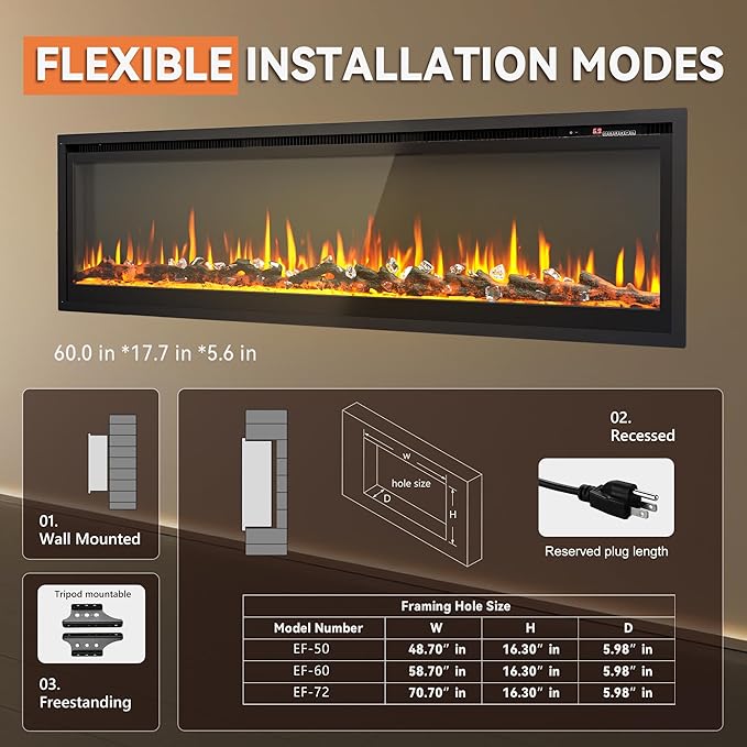 EUHOMY 60-inch electric fireplace with flexible wall mount, recessed and freestanding installation