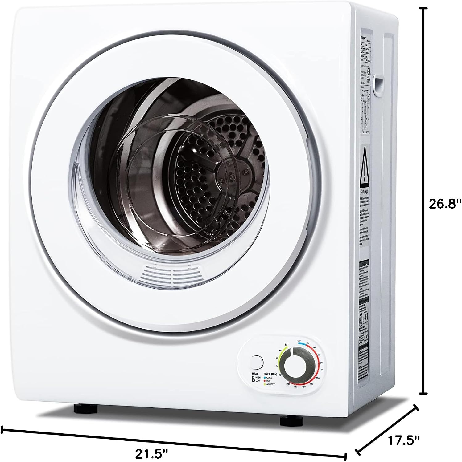 Euhomy 120V Compact Laundry Dryer, 1.5 cu.ft Front Load Stainless Steel Clothes Dryers with Stainless Steel Tub, Control Panel Downside Easy Control for 4 Automatic Drying Mode, White