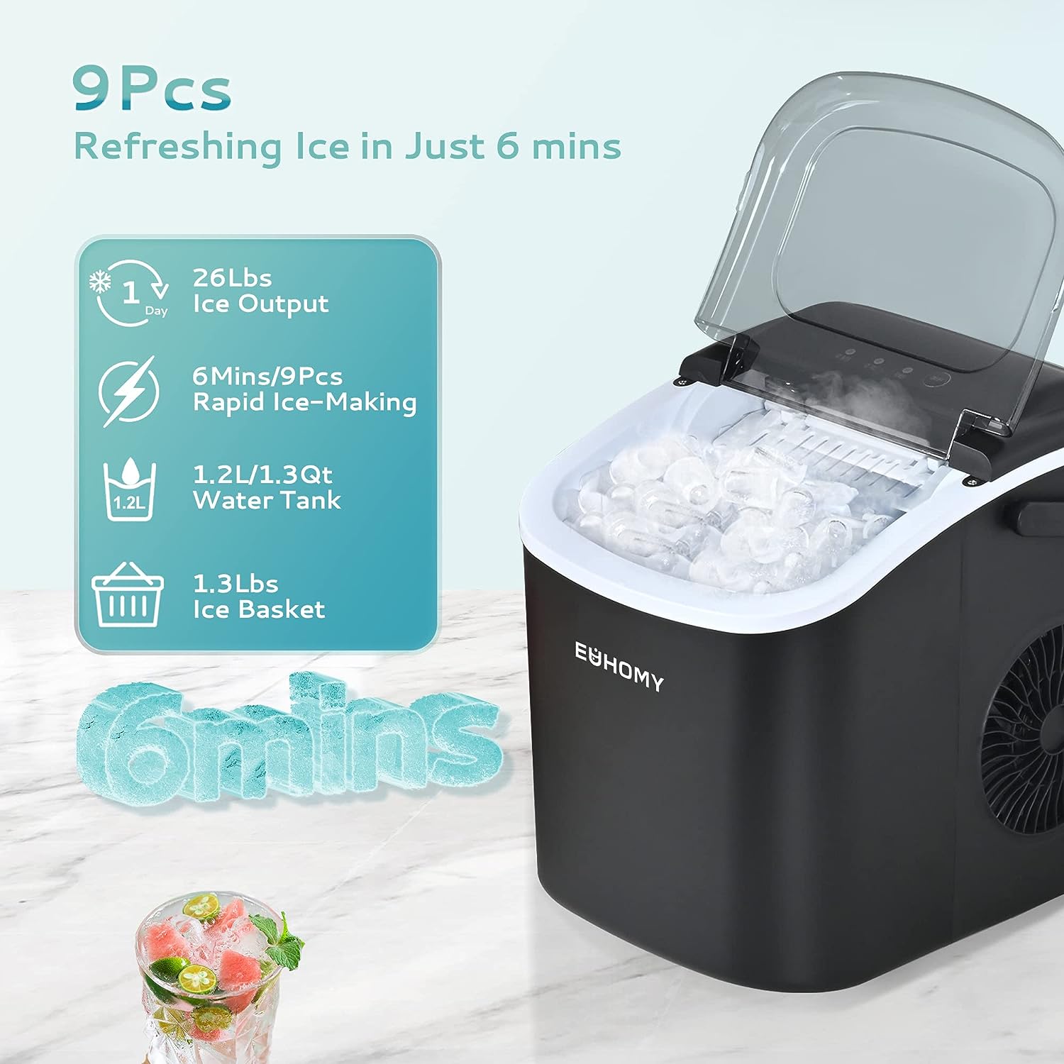 Euhomy Dart H1 black ice maker, rapid ice production in 6 mins, 26 lbs daily output, full ice bin shown.