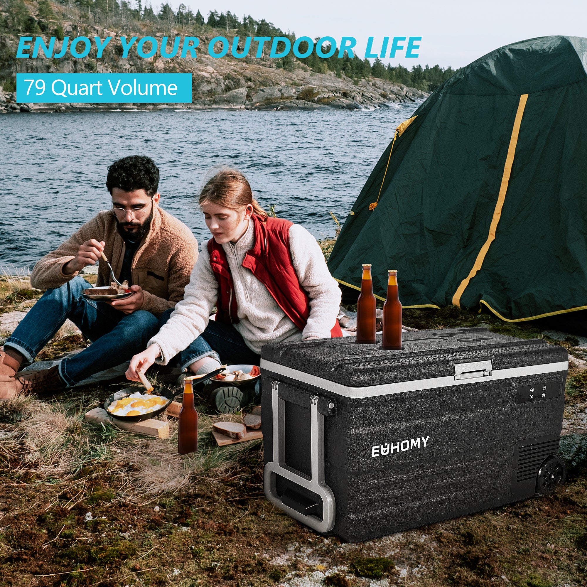 Euhomy 79-quart portable car refrigerator with wheels on grassy shore near tent, used for outdoor recreation.