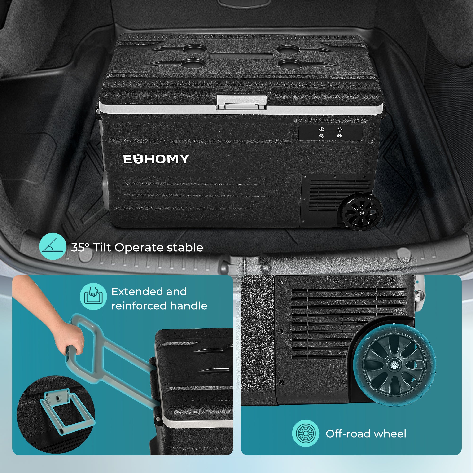 Euhomy 12 volt car refrigerator with off-road wheels, extended handle, and stable 35° tilt operation in car trunk.