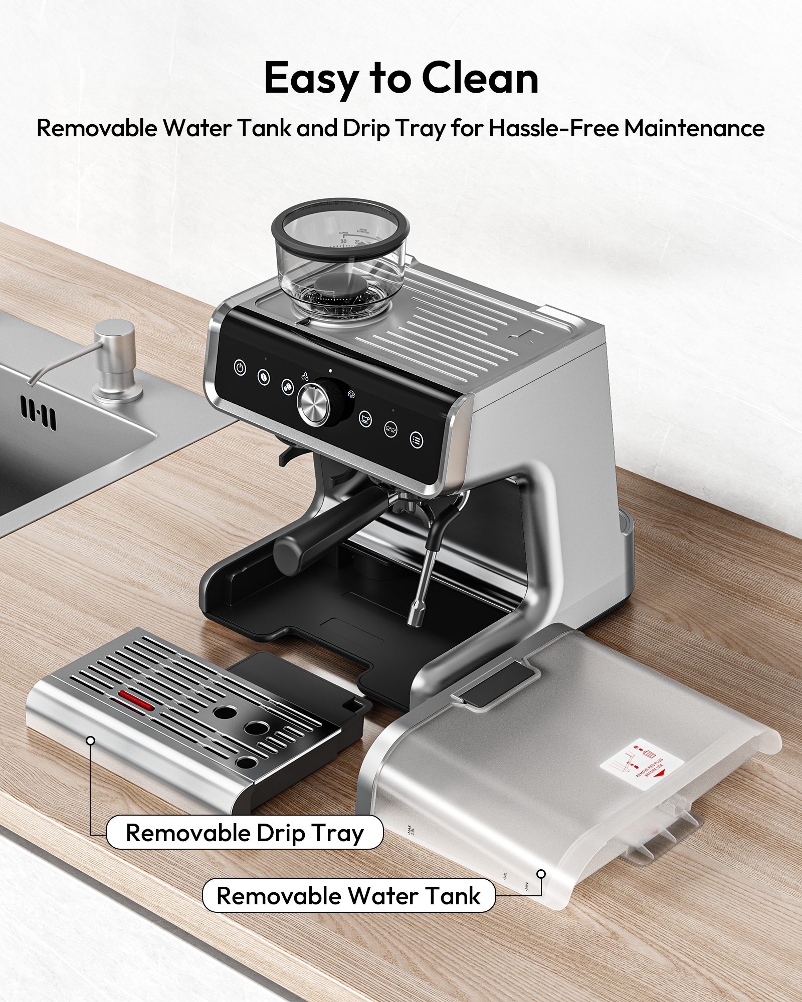 EUHOMY Espresso Machine with Grinder, 20 Bar Coffee Maker with Milk Frother Steam Wand, Professional Expresso Coffee Machines with Removable Water Tank, Latte & Cappuccino Machine for Home Barista