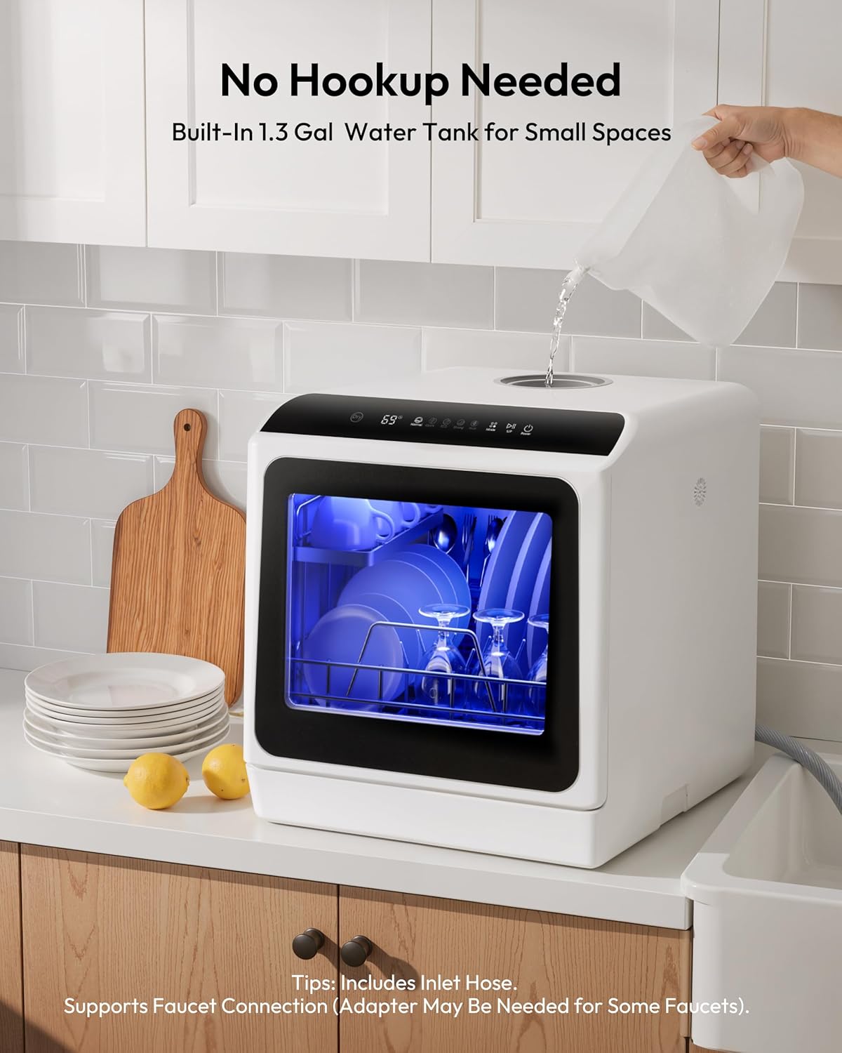 EUHOMY Countertop Dishwasher Portable with 6 Programs, 5L Built-in Water Tank for Apartments & RV, 167℉ High-Temp, No Hookup Needed, Mini Dishwasher with Baby Care, Air Dry/Quick/ECO/Fruit/Normal Mode