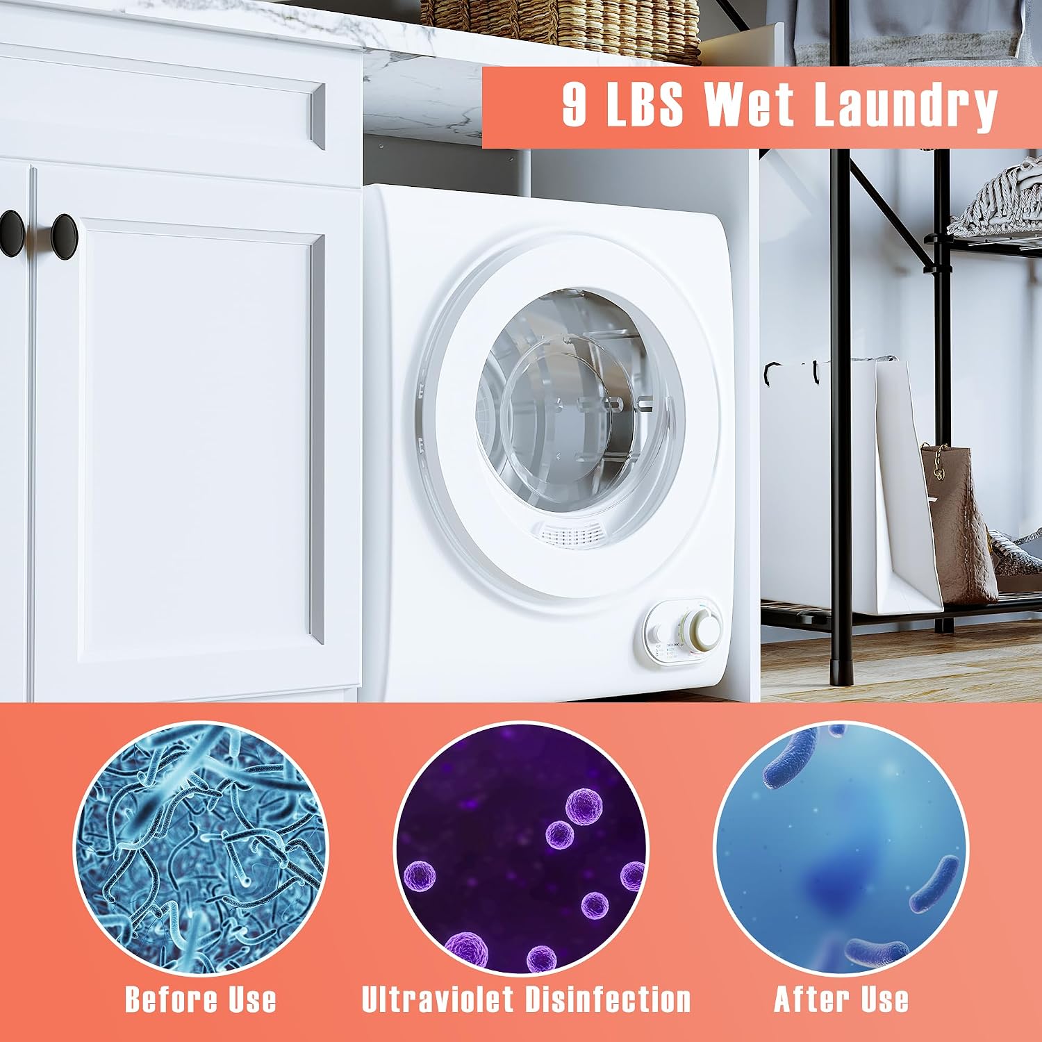 Euhomy 120V Compact Laundry Dryer, 1.5 cu.ft Front Load Stainless Steel Clothes Dryers with Stainless Steel Tub, Control Panel Downside Easy Control for 4 Automatic Drying Mode, White